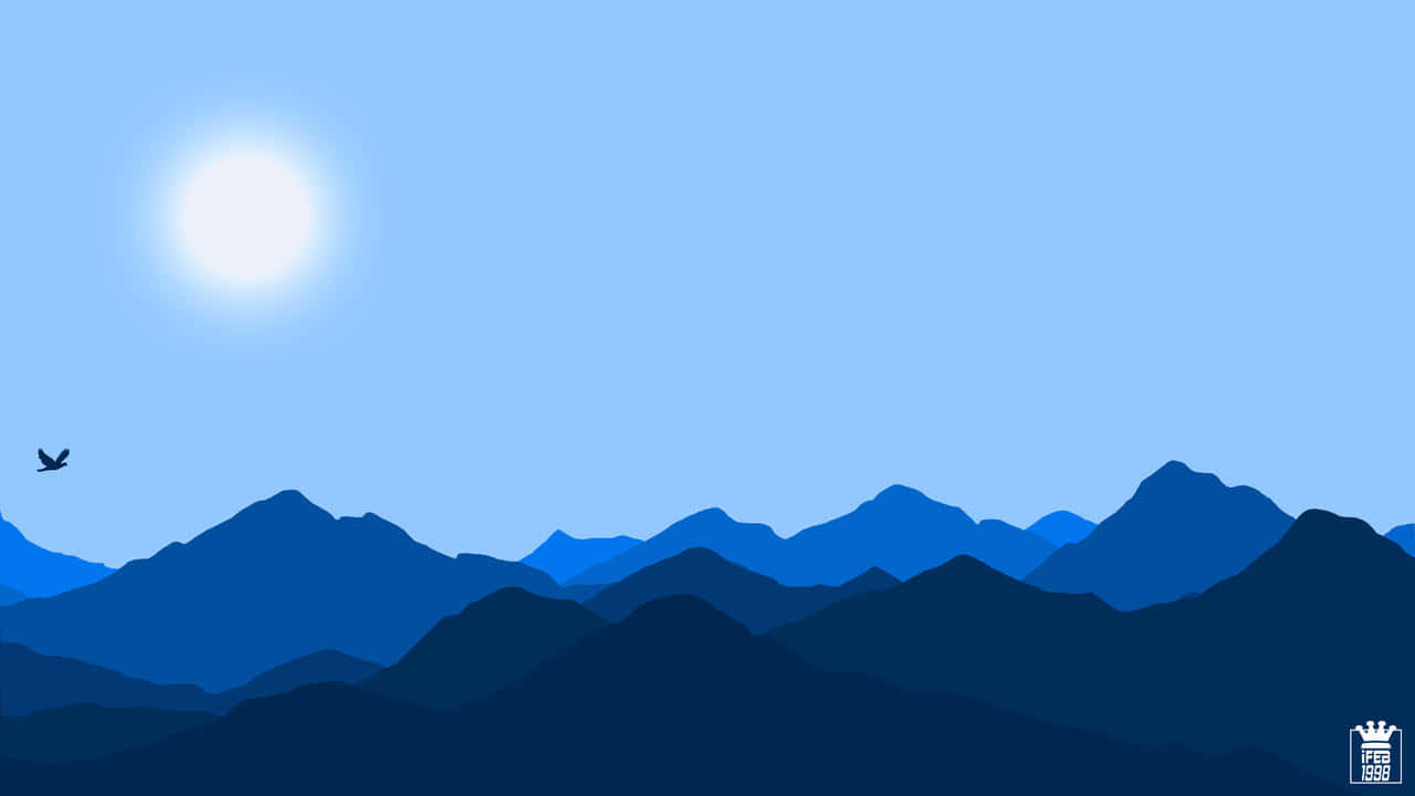 minimalist blue mountain range, bright sun, single bird, HD Desktop Wallpaper