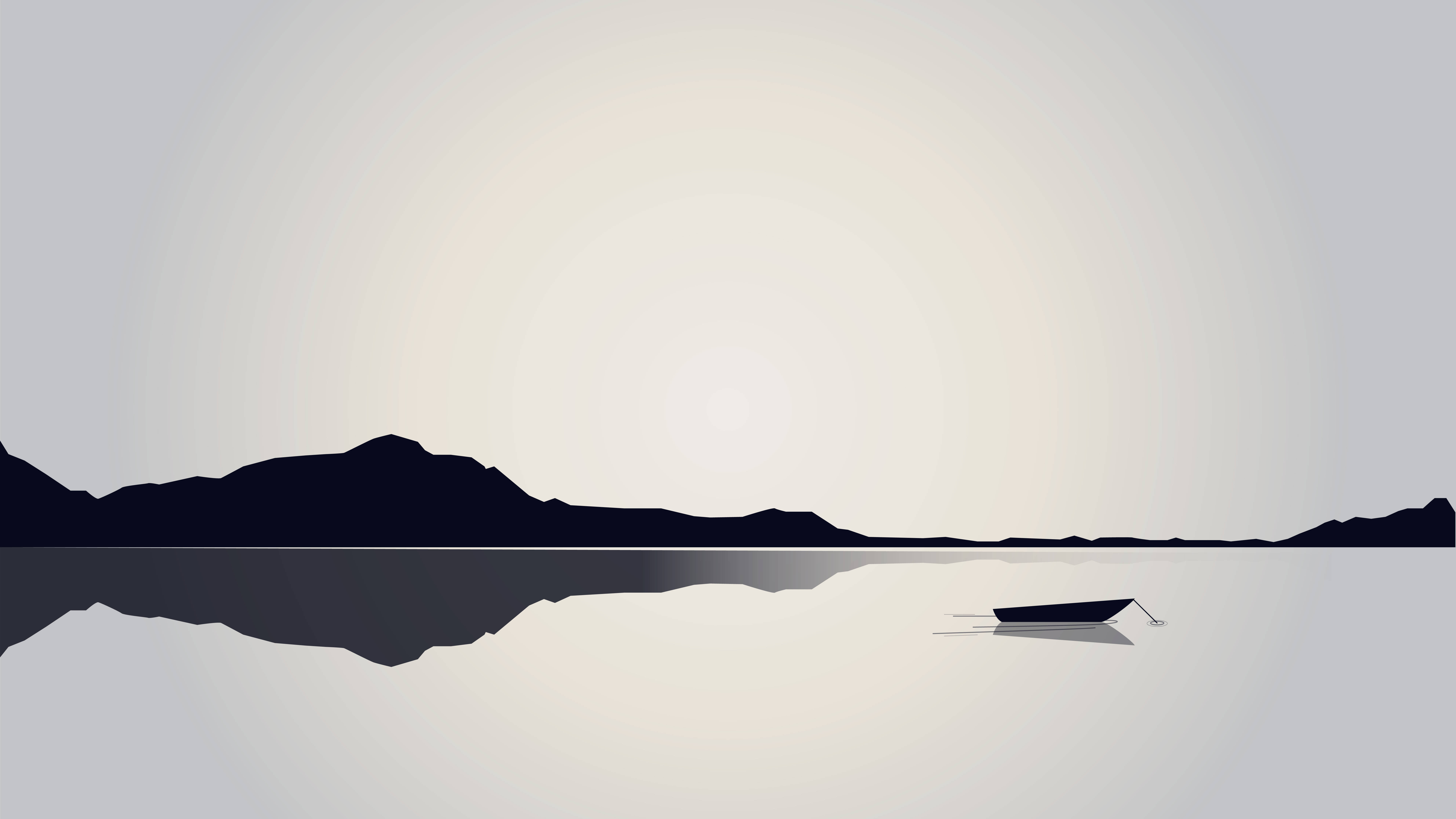Landscape White Minimalist, calm water, dark mountain silhouettes, 8K Desktop Wallpaper