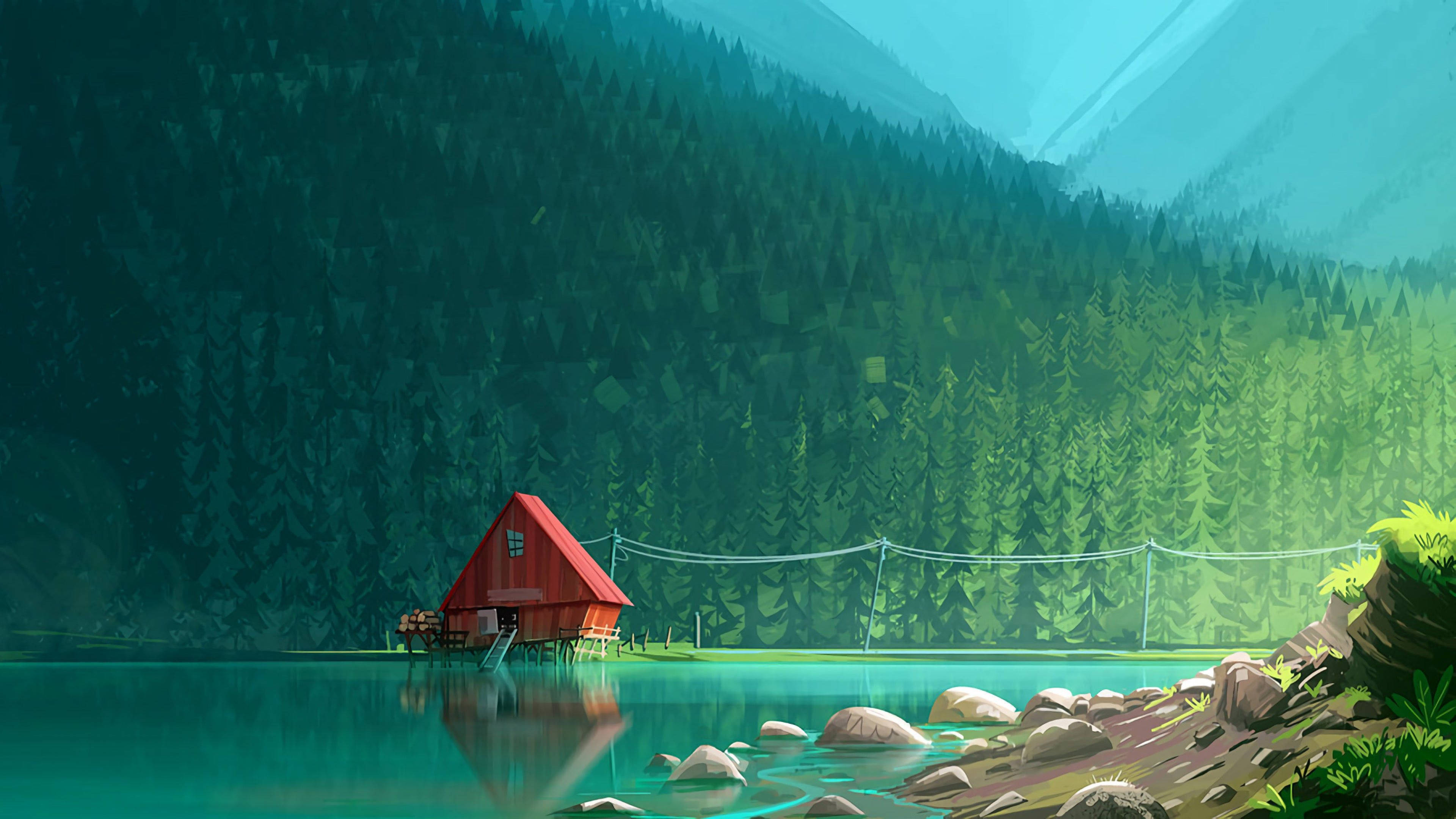 minimalist nature, vibrant red cabin, stilts, 4K Desktop Wallpaper