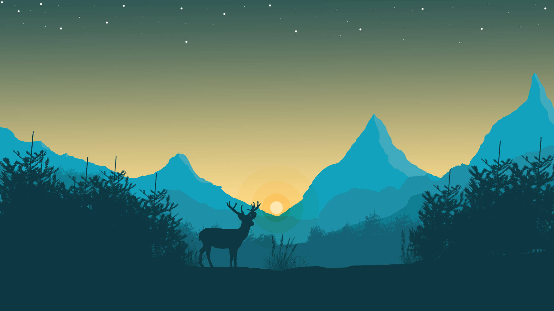 blue minimalist deer, glowing mountains, twilight, Full HD Desktop Wallpaper