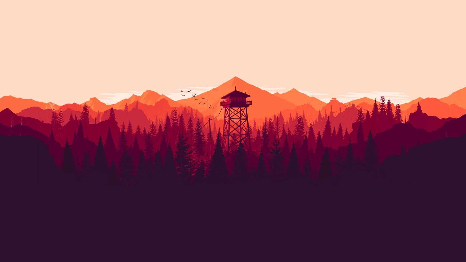 fire lookout tower, pine forest, gradient sunset sky, Full HD Desktop Wallpaper