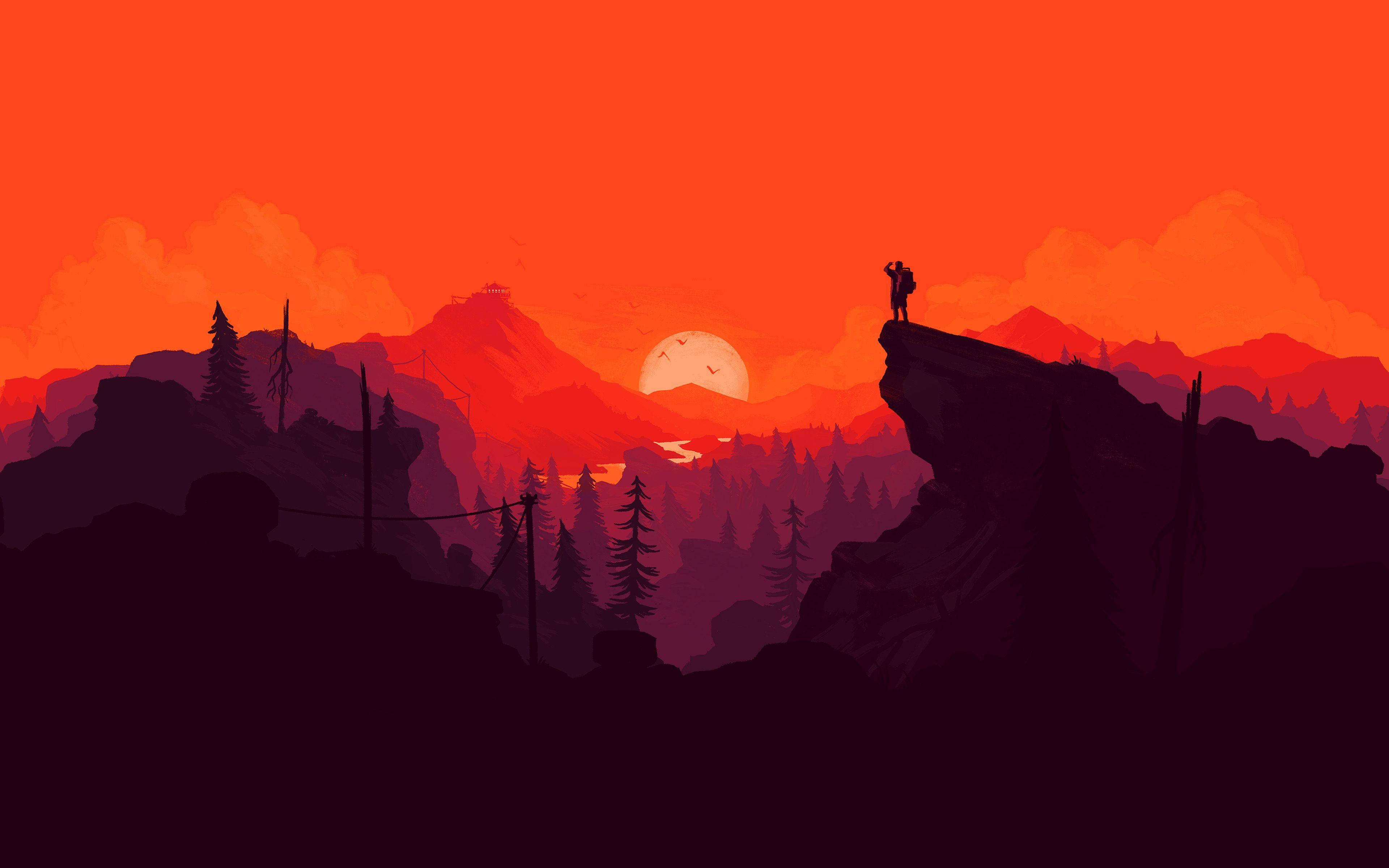 lone hiker, cliff, fiery orange sunset, 4K Desktop Wallpaper