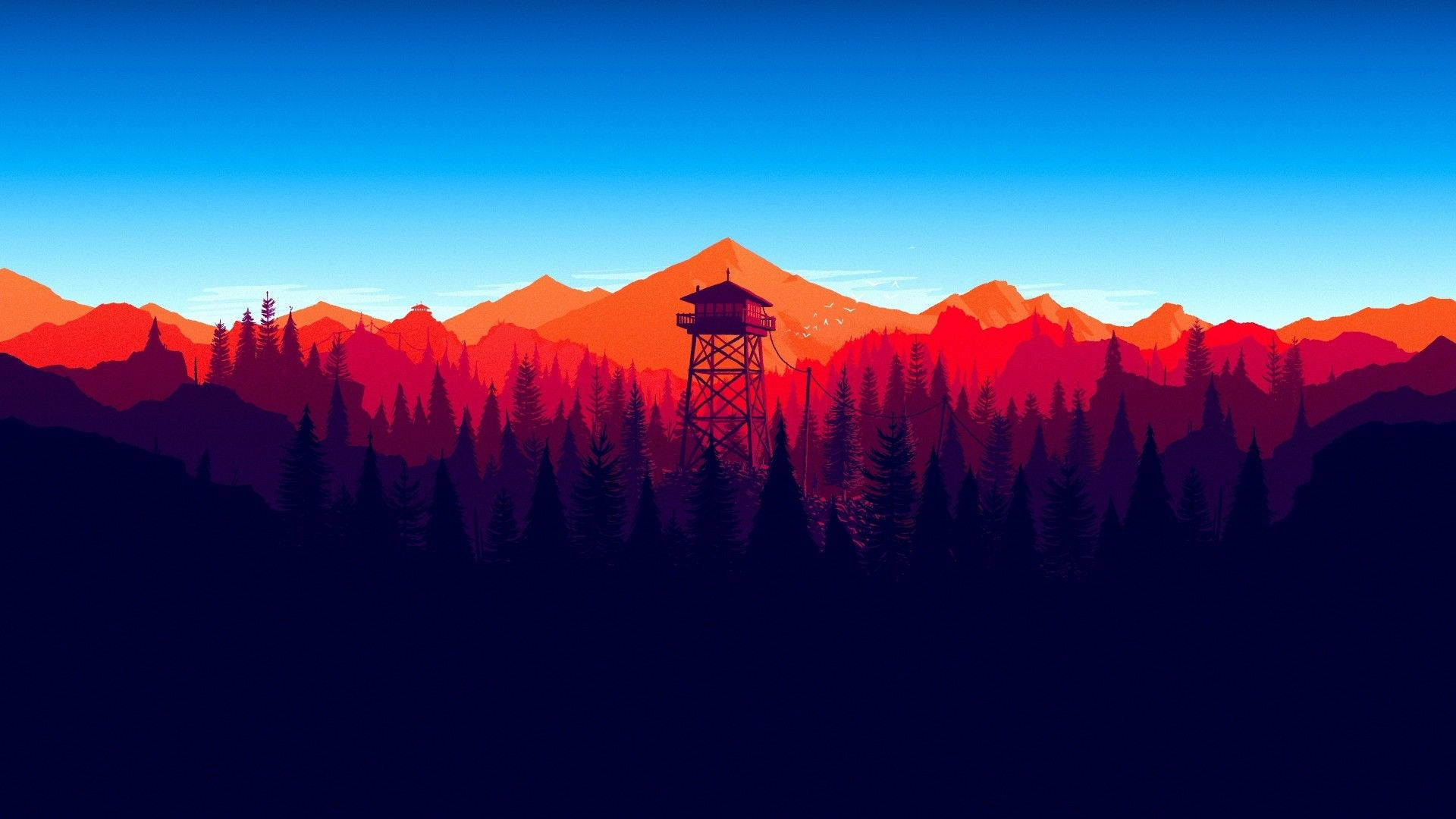 fire lookout tower, dark pine trees, gradient sky, Full HD Desktop Wallpaper