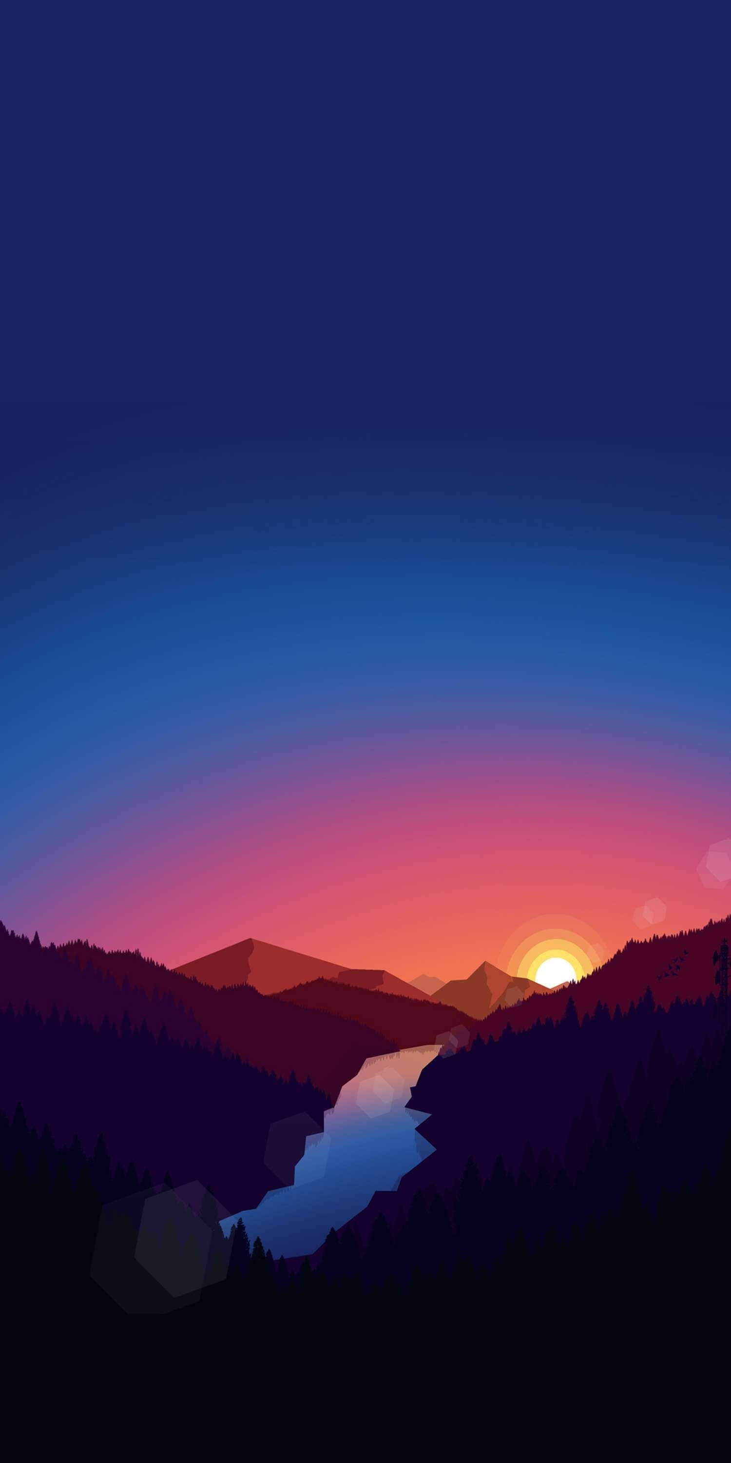 Sunrise, mountain valley, winding river, 2K Phone Wallpaper