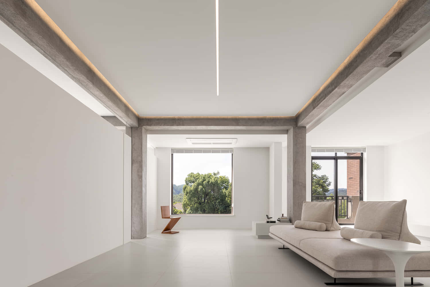 minimalist modern living room, exposed concrete beams, large windows, HD Desktop Wallpaper