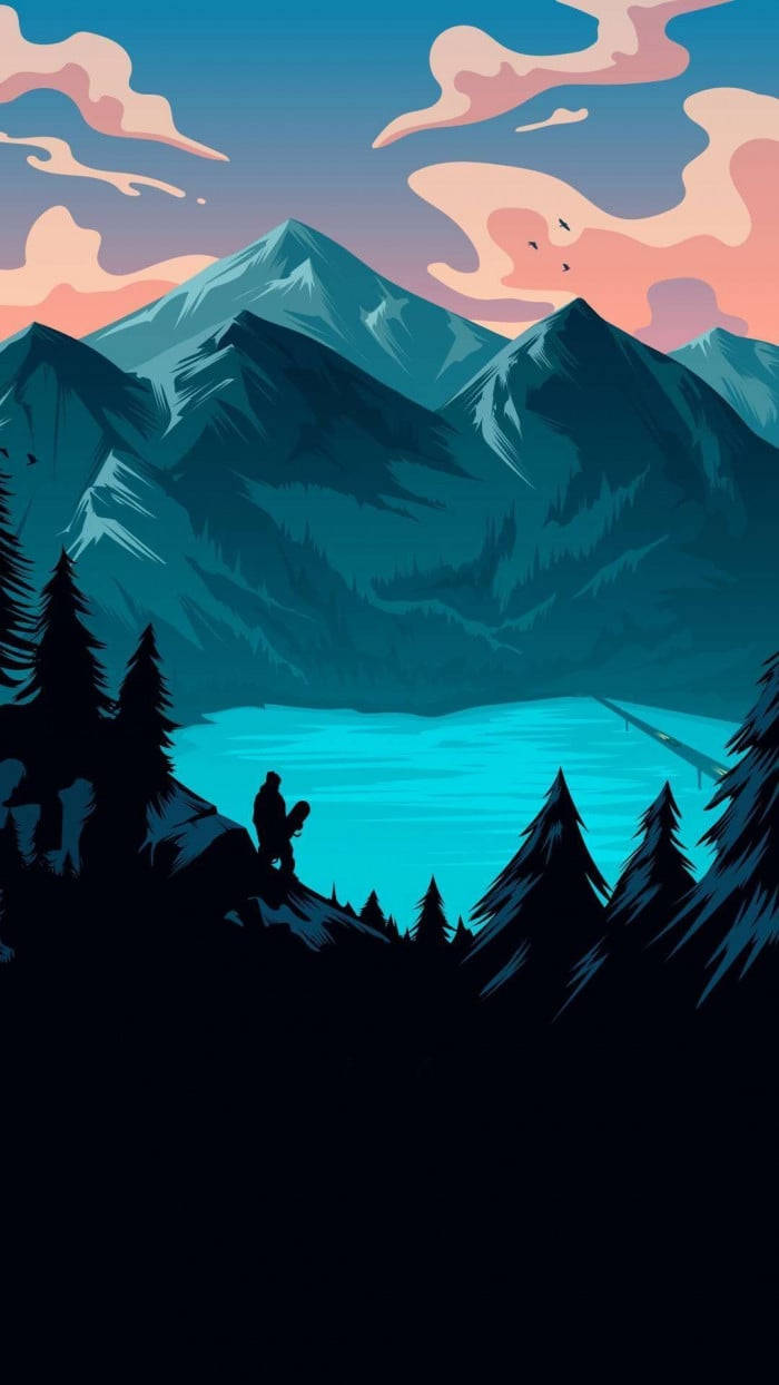 turquoise lake, teal mountains, pink and blue sunset sky, SD Phone Wallpaper