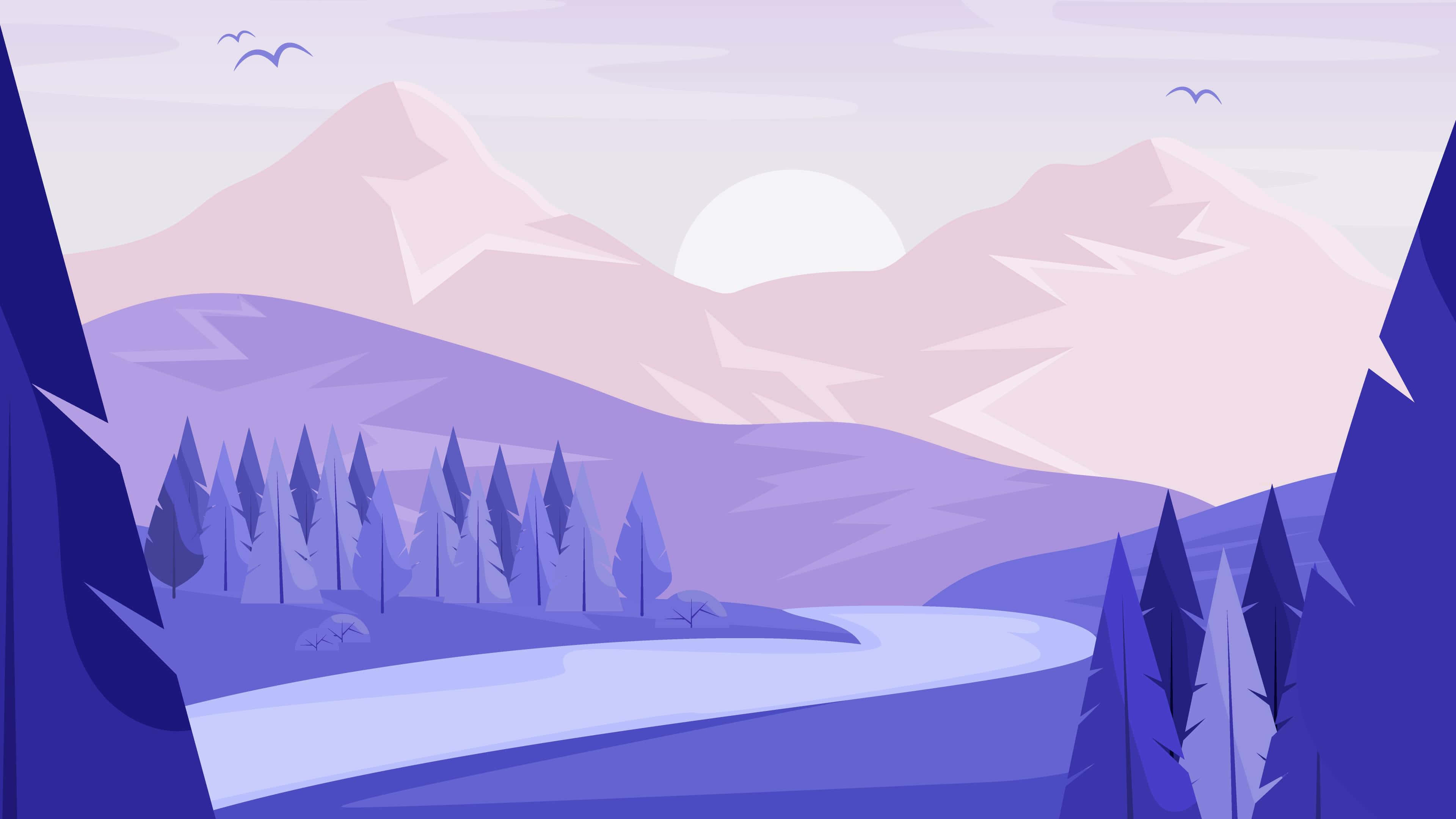 minimalist landscape, purple mountain landscape, winding river, 4K Desktop Wallpaper