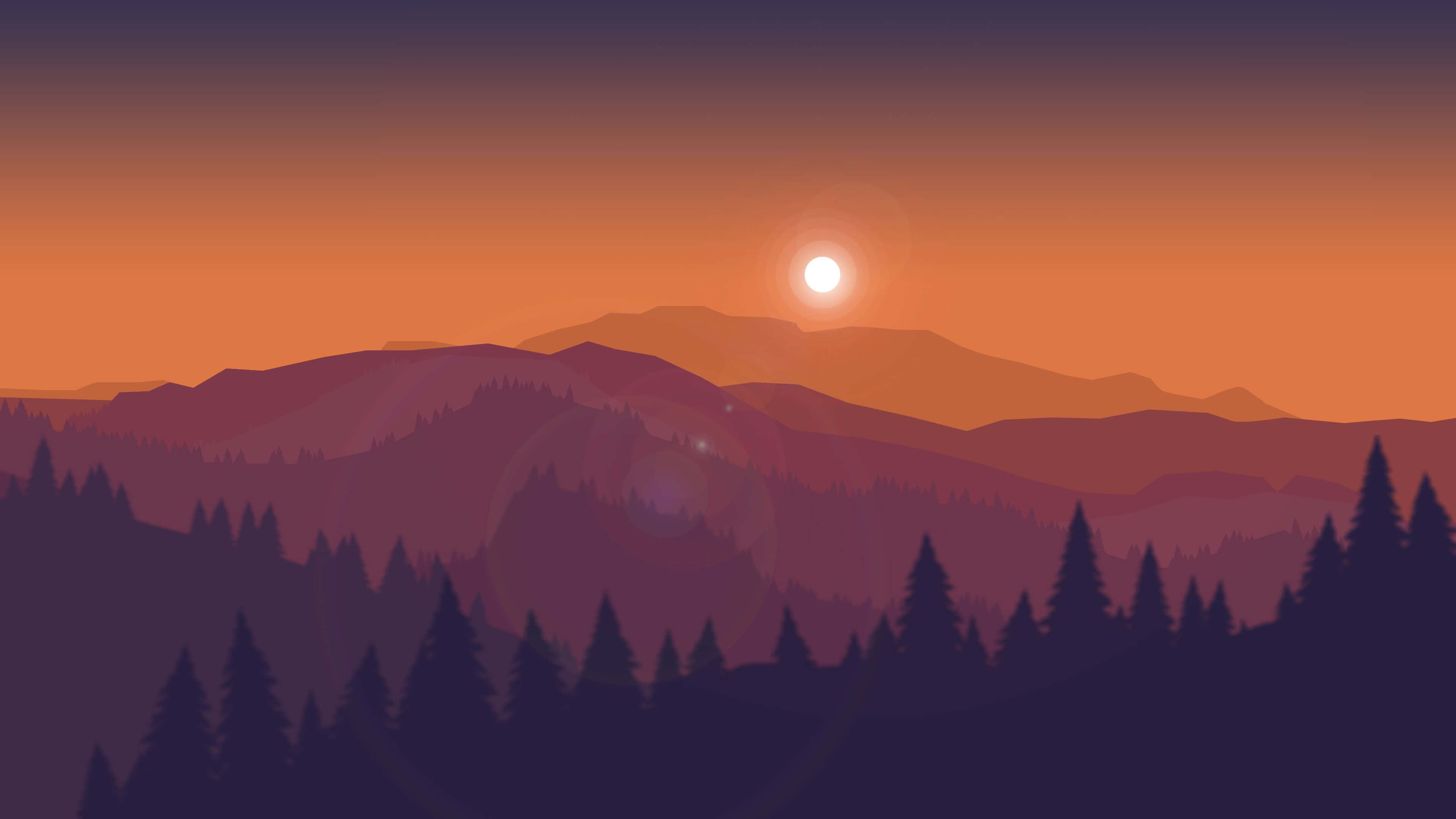 serene sunset, layered mountain ranges, silhouetted pine trees, 4K Desktop Wallpaper