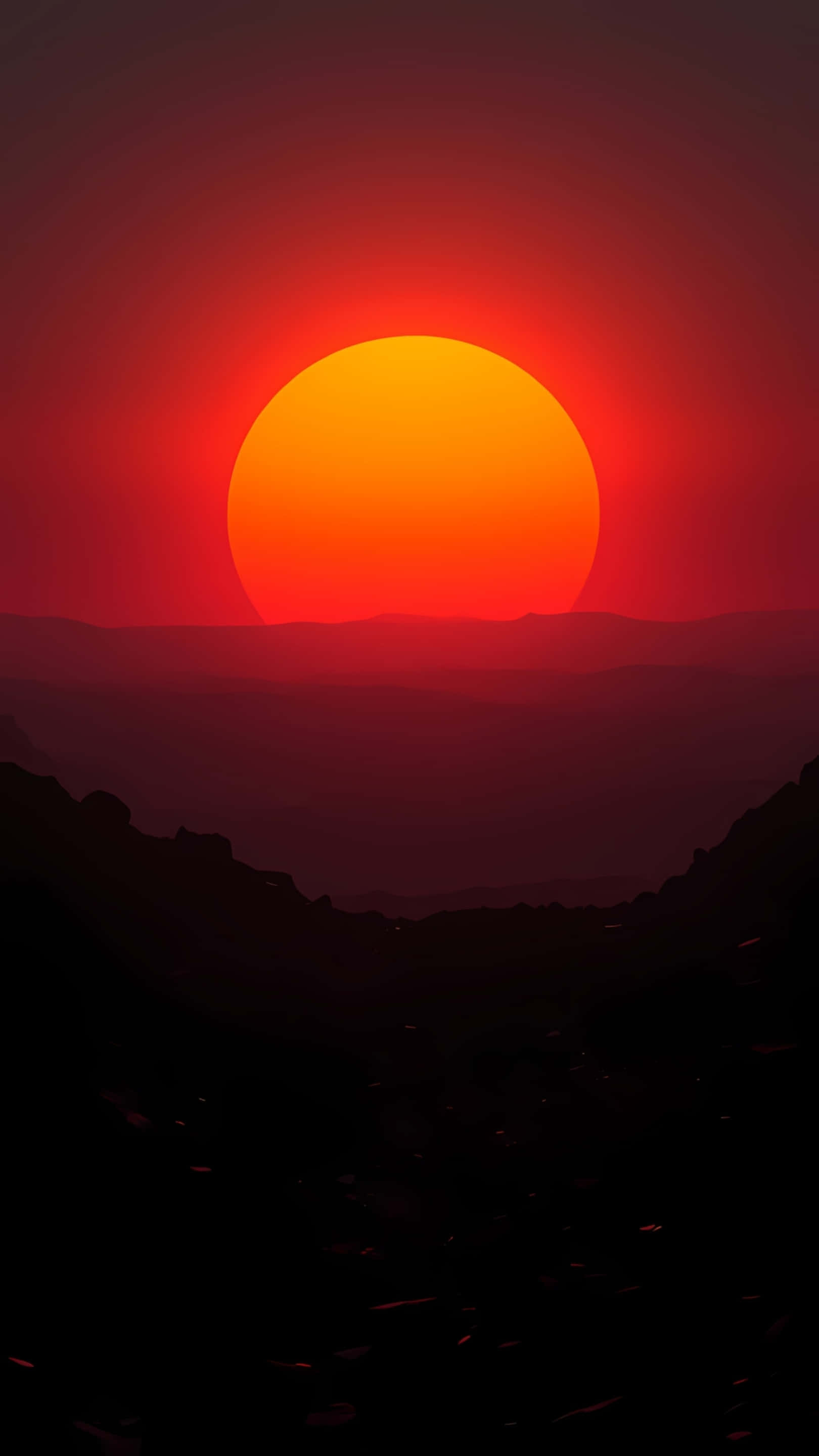 minimalist, red sun, mountain silhouette, 2K Phone Wallpaper
