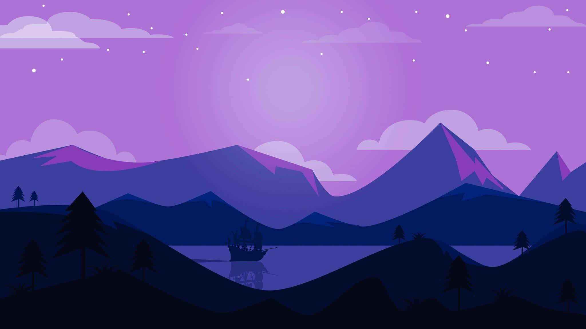 purple twilight, mountain landscape, ship silhouette, Full HD Desktop Wallpaper