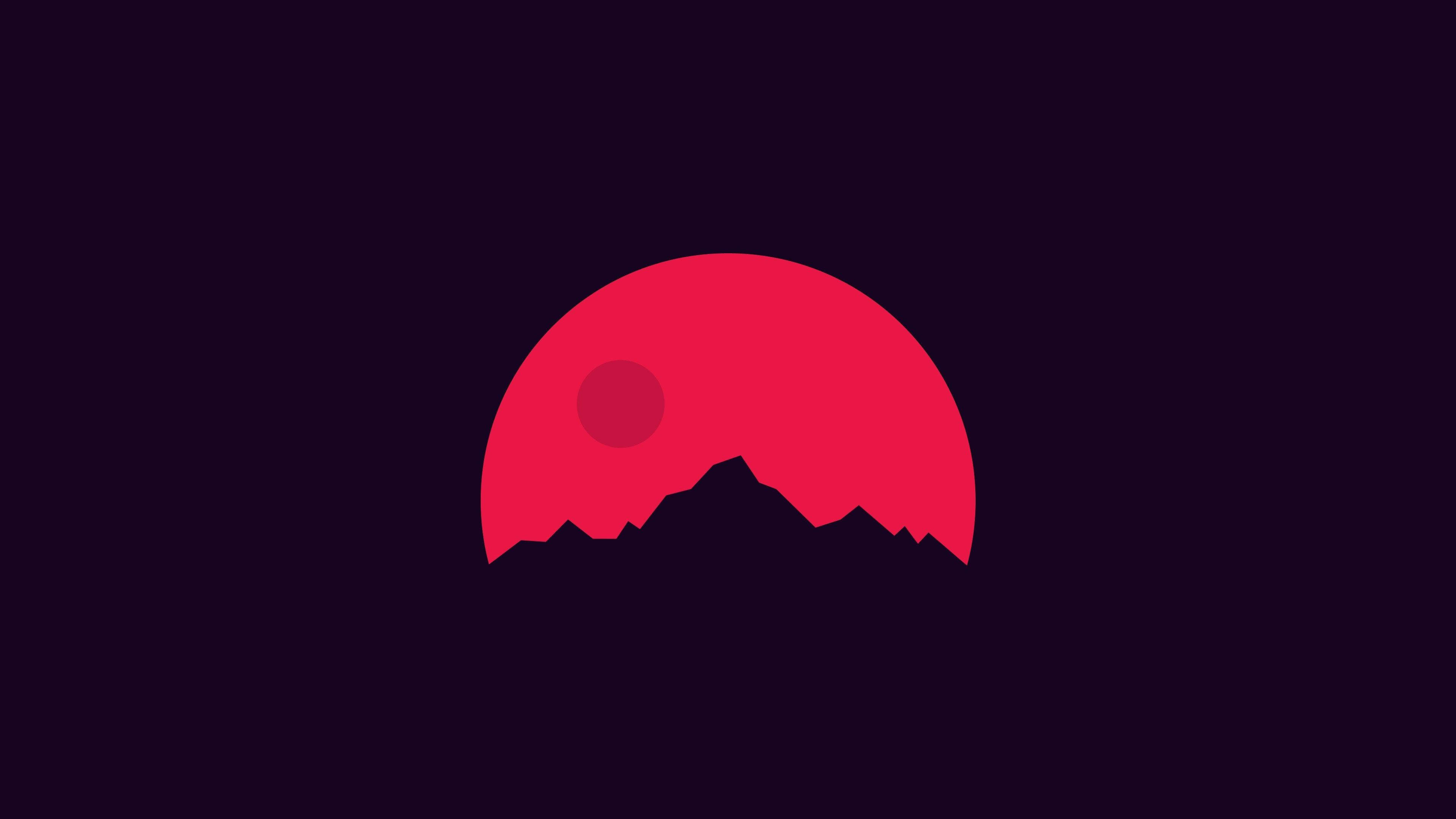blood red moon, minimalist laptop art, jagged mountain silhouette, 4K Desktop Wallpaper