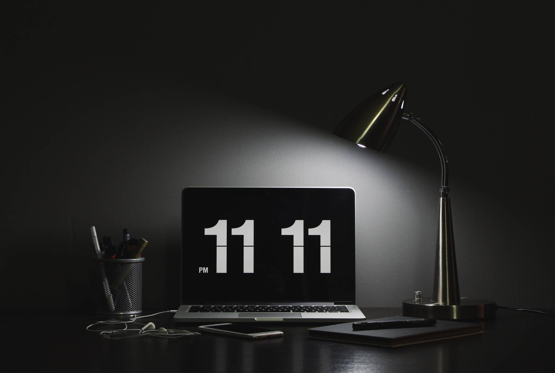 11 11 PM, desk lamp, dark minimalist workspace, Full HD Desktop Wallpaper