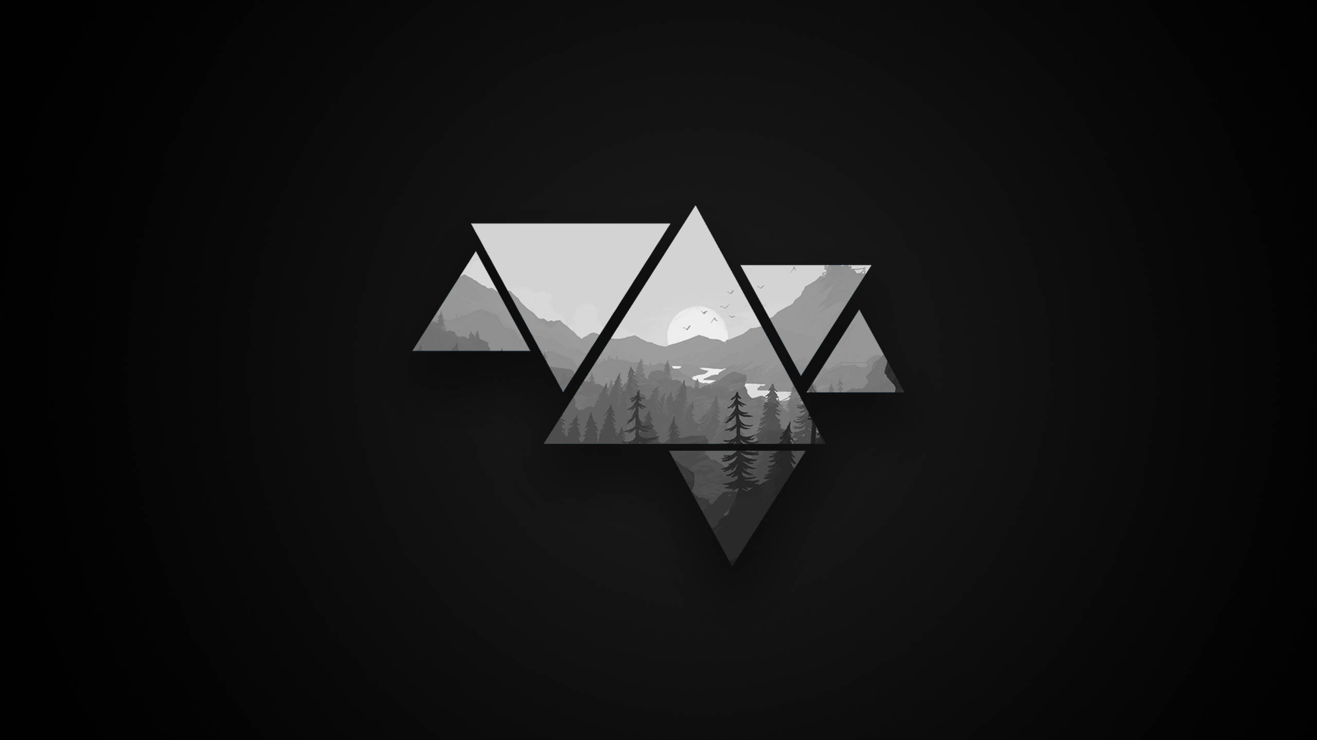 black and white landscape, minimalist aesthetic, geometric triangles, 2K Desktop Wallpaper