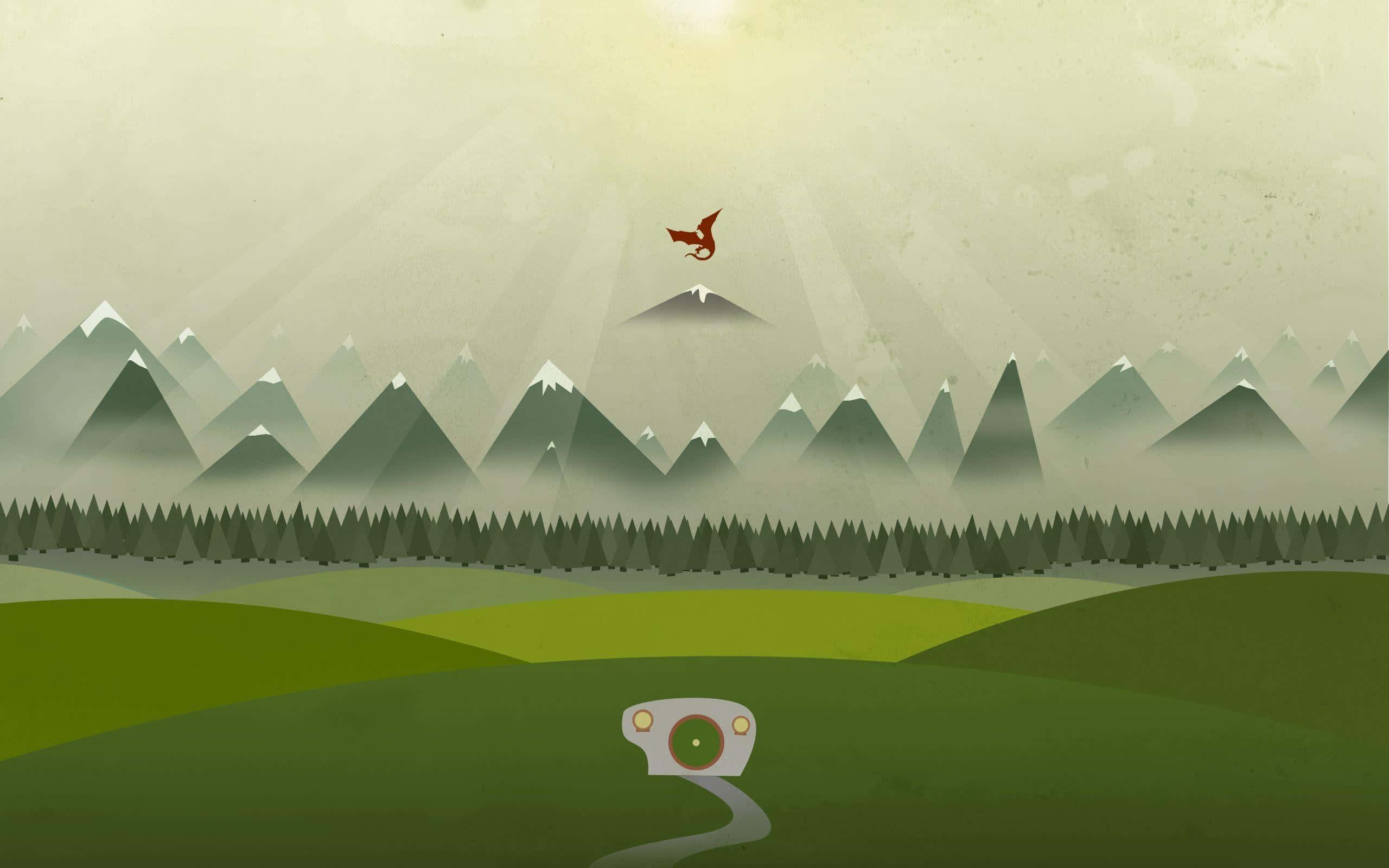 minimalist lord of the rings, mountain landscape, winding road, 2K Desktop Wallpaper