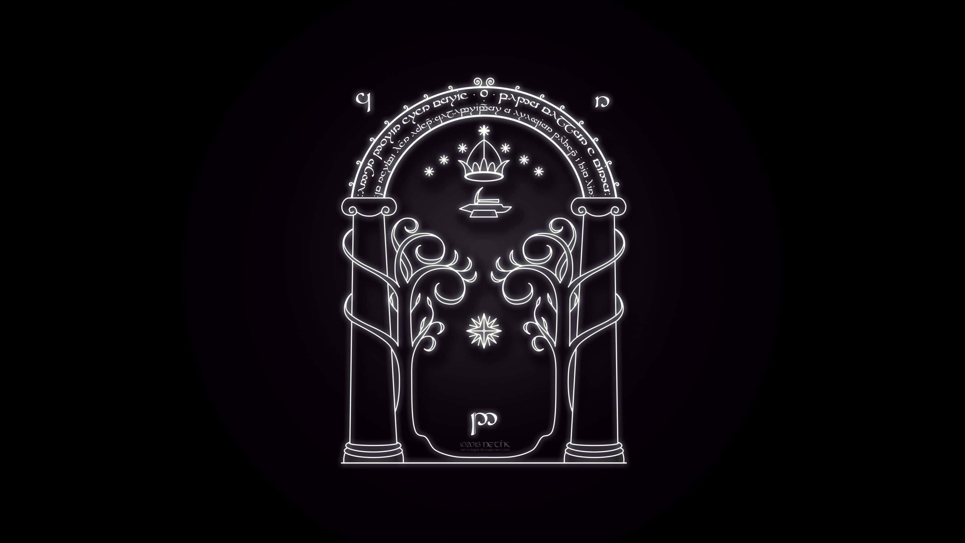Lord of the Rings, glowing white ornate archway, celestial symbols, 2K Desktop Wallpaper