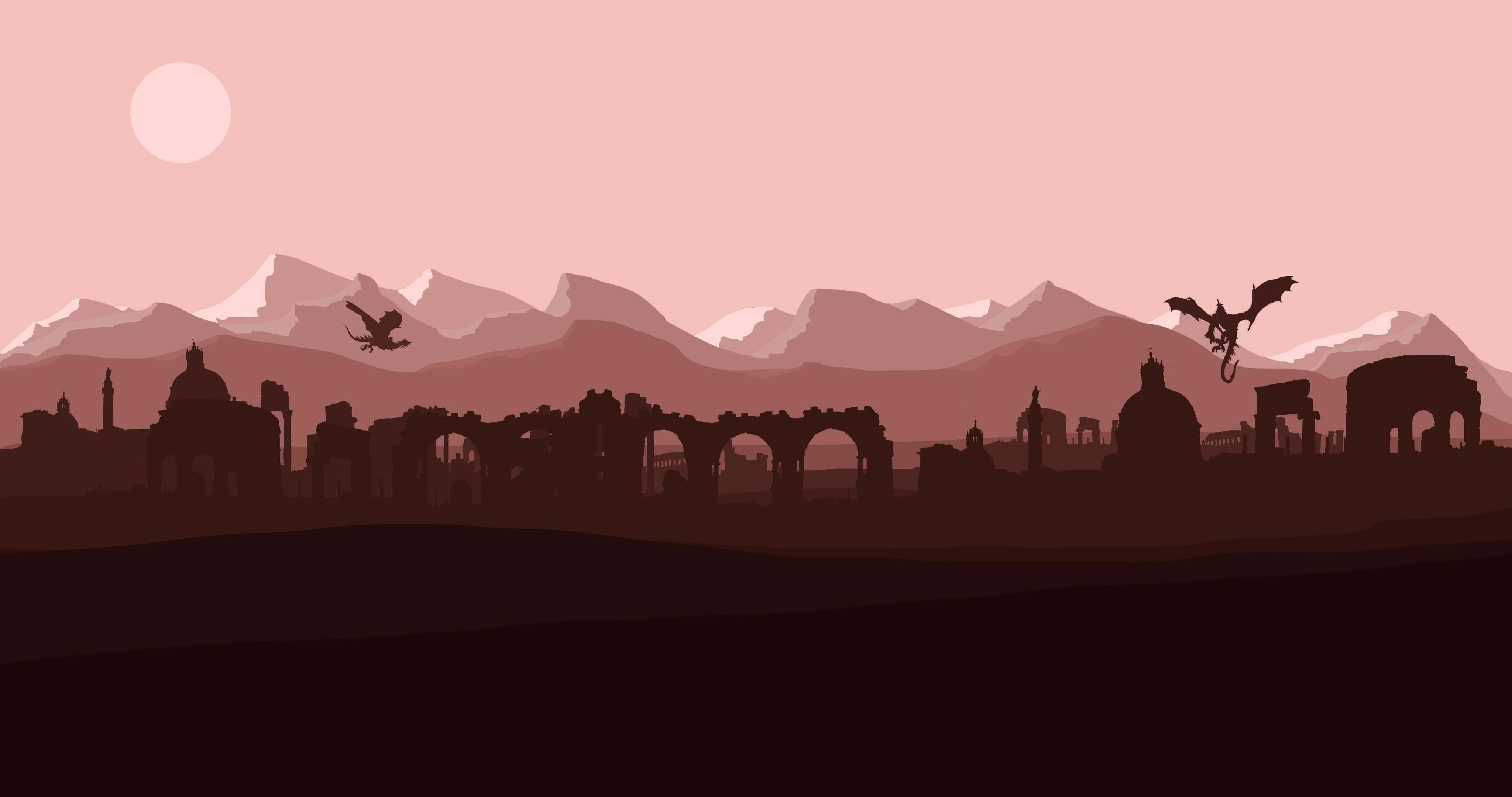 Minimalist Lord Of The Rings, ancient ruins, dragons, 4K Desktop Wallpaper