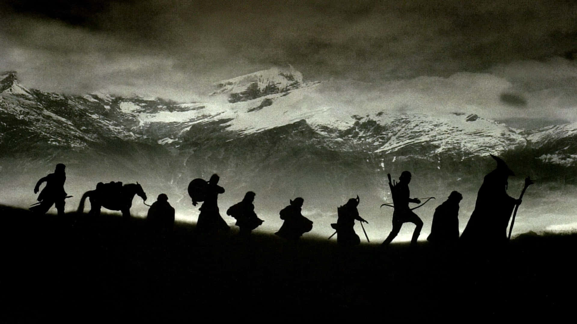 Minimalist Lord Of The Rings, fantasy travelers, snowy mountain range, Full HD Desktop Wallpaper