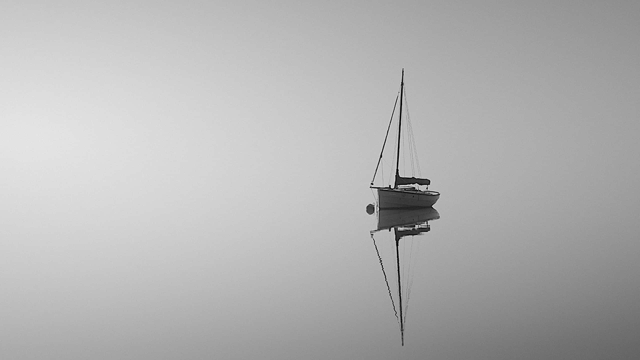sailboat, glassy water, perfect reflection, 2K Desktop Wallpaper