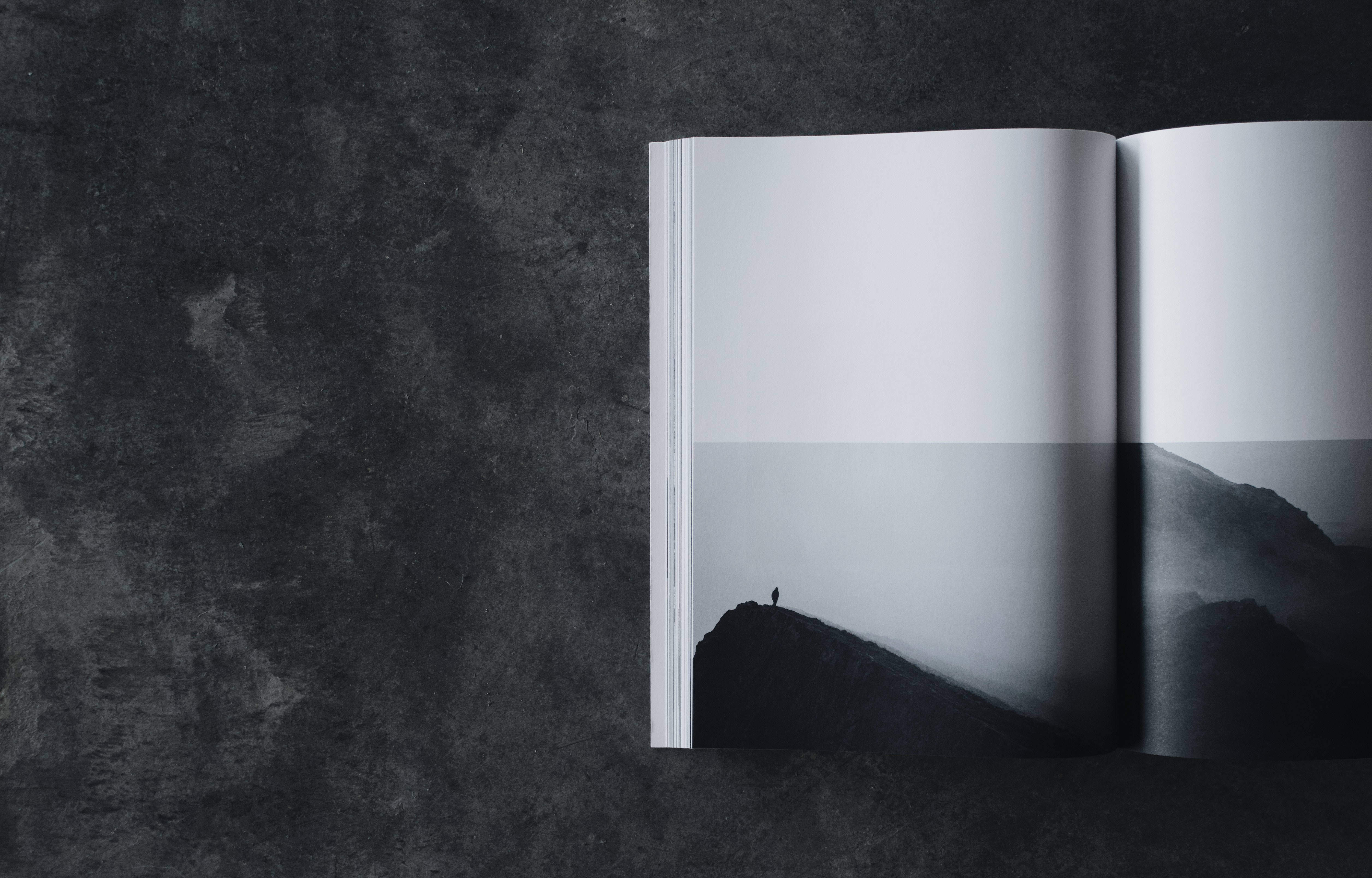 minimalistic monochrome book, black and white photo, lone figure, 4K Desktop Wallpaper