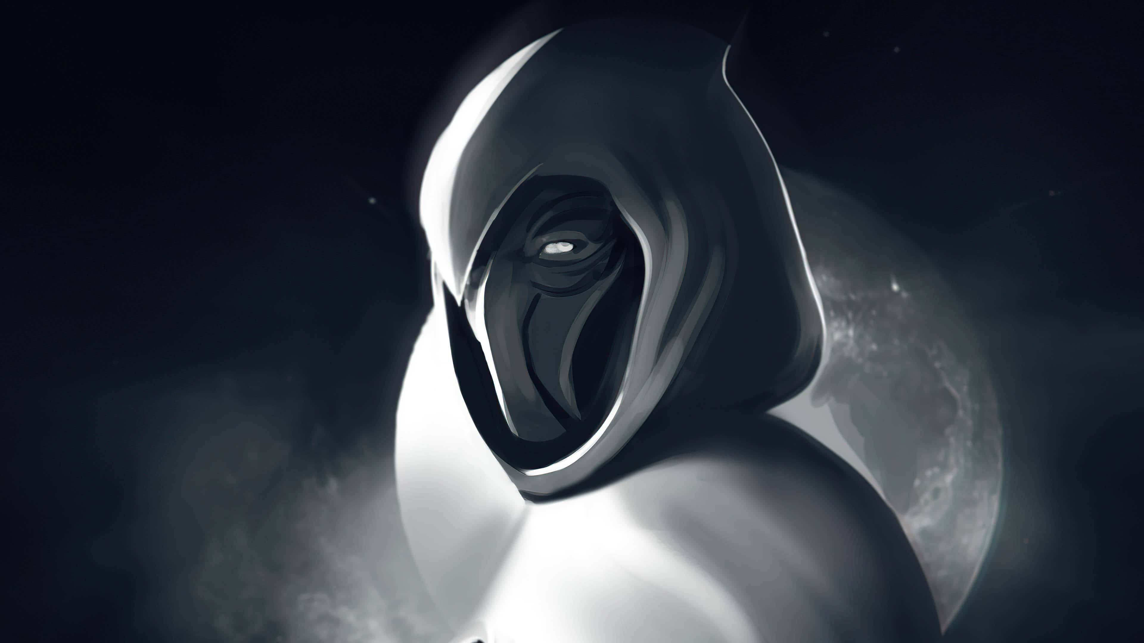 Minimalist Moon Knight, hooded figure, glowing eye, 4K Desktop Wallpaper