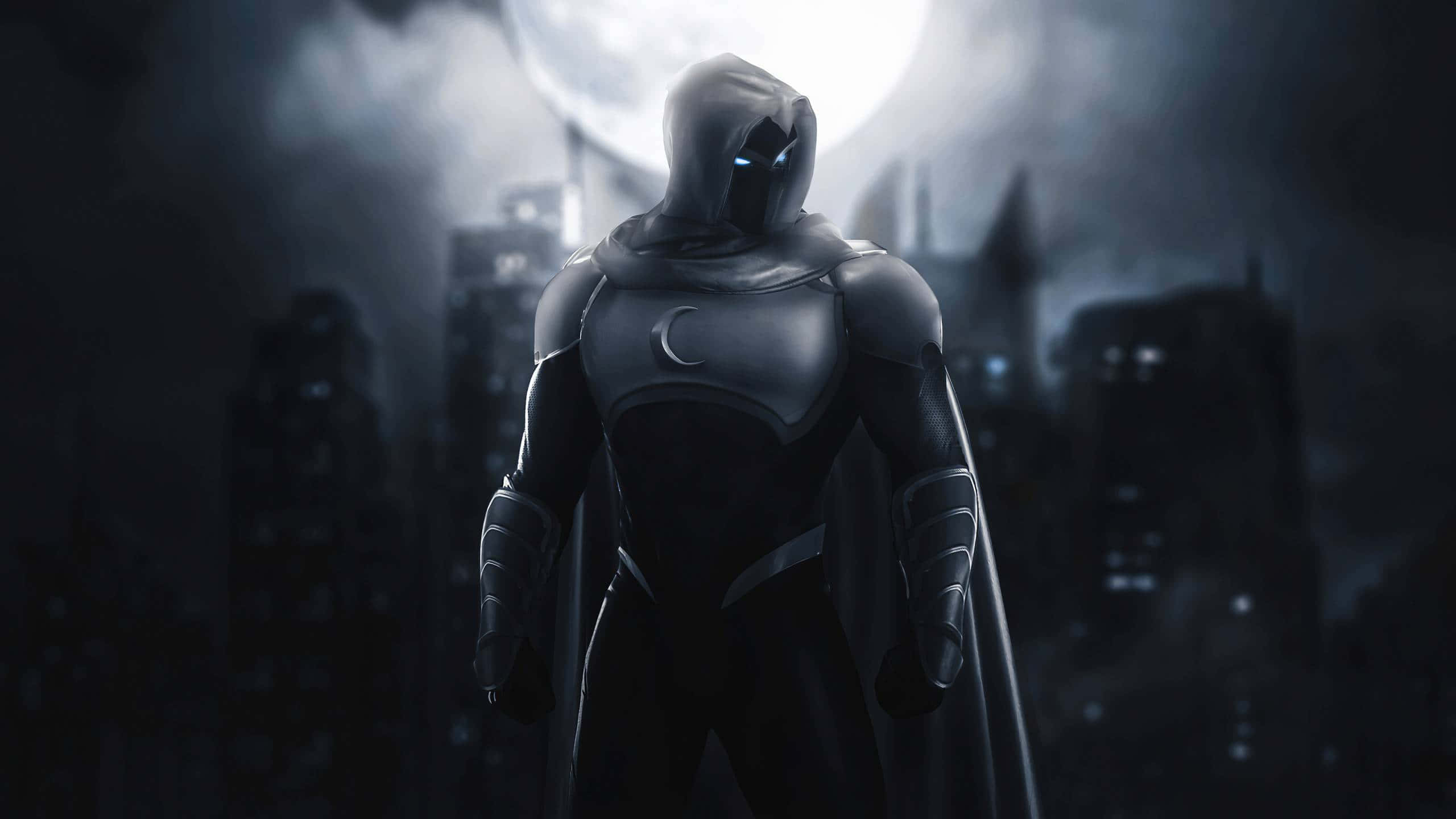 Minimalist Moon Knight, hooded superhero, glowing eyes, 2K Desktop Wallpaper