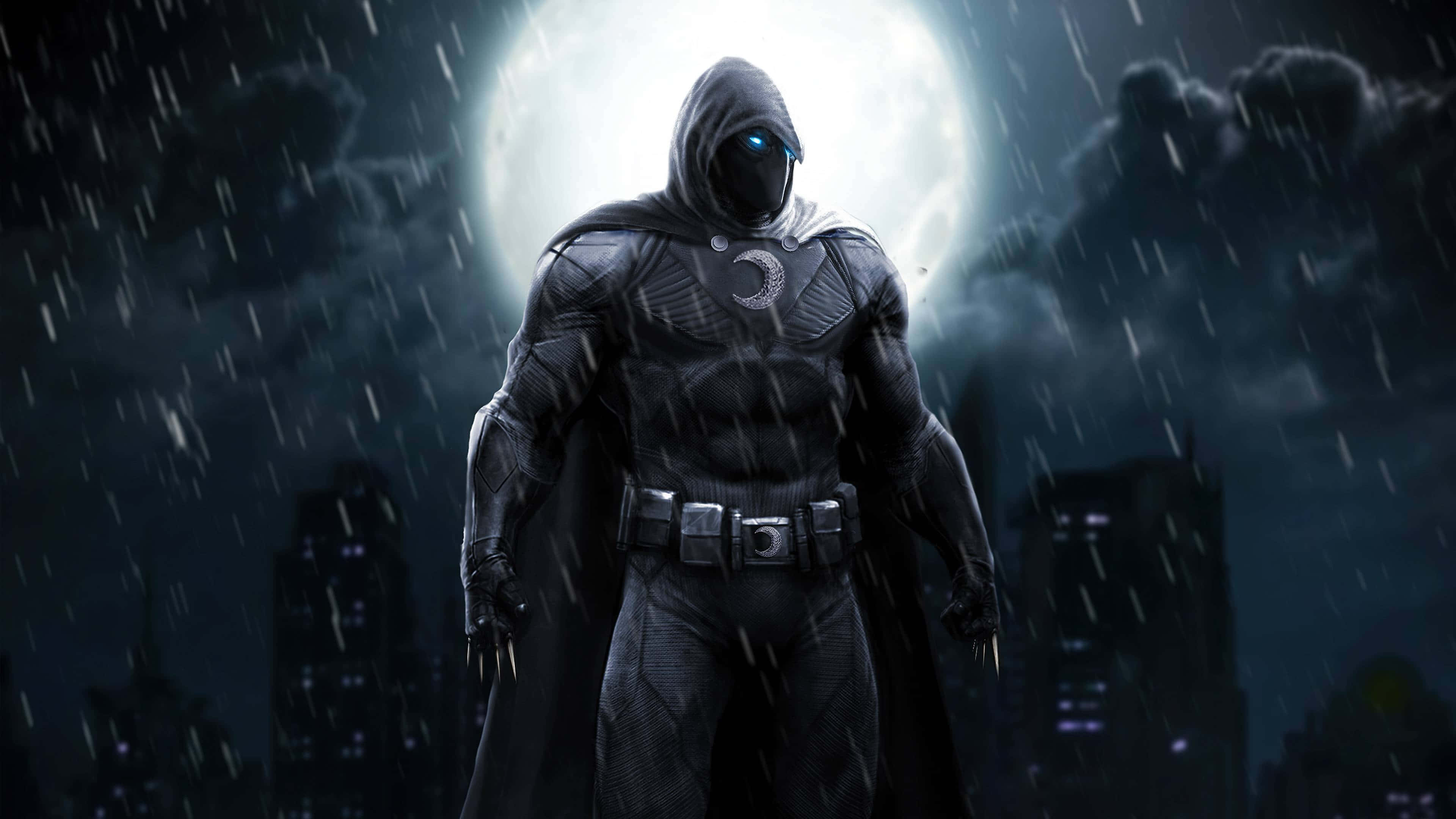Minimalist Moon Knight, hooded vigilante, glowing blue eyes, 4K Desktop Wallpaper