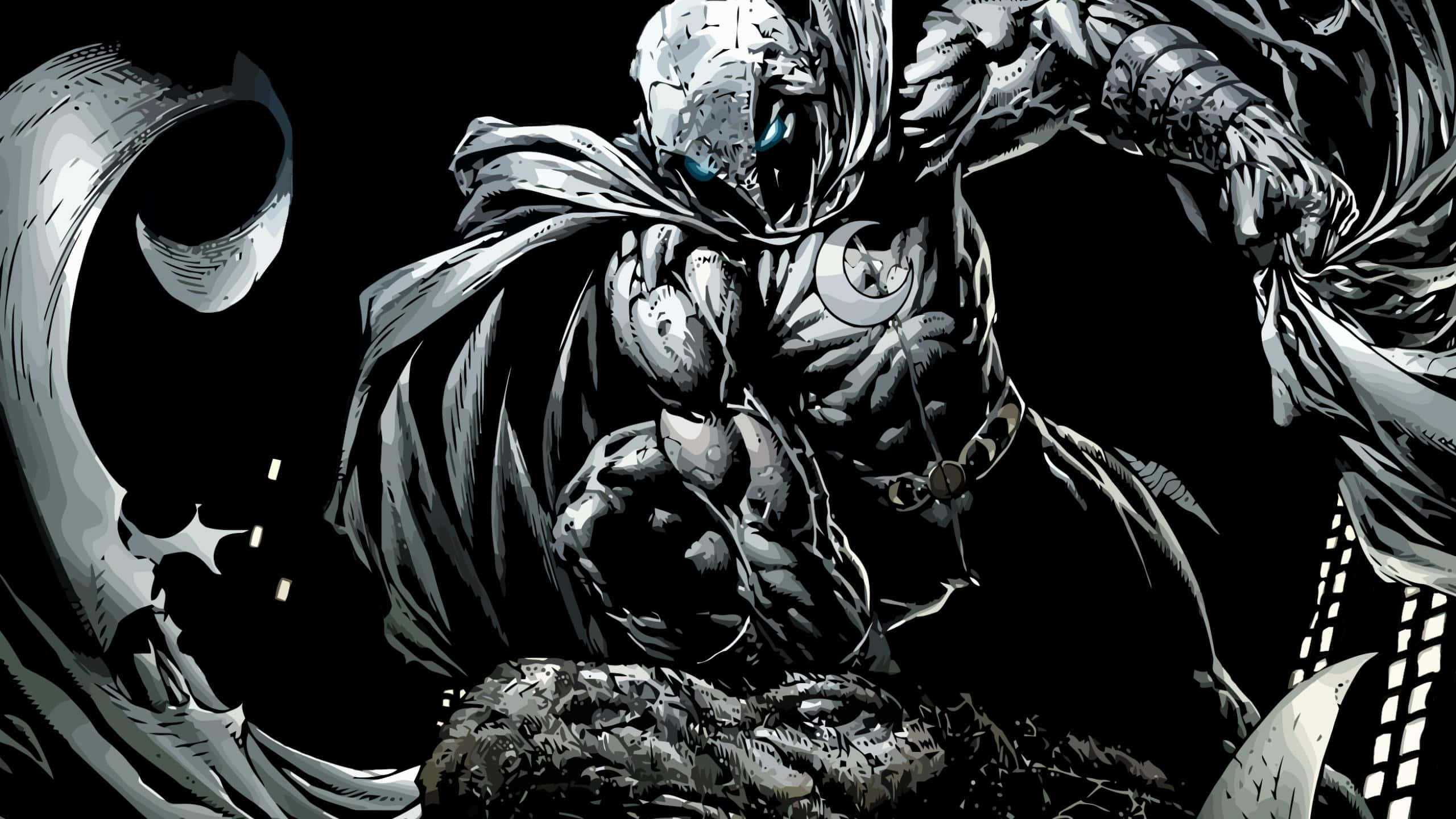 Minimalist Moon Knight, silver-armored superhero, glowing blue eyes, 2K Desktop Wallpaper