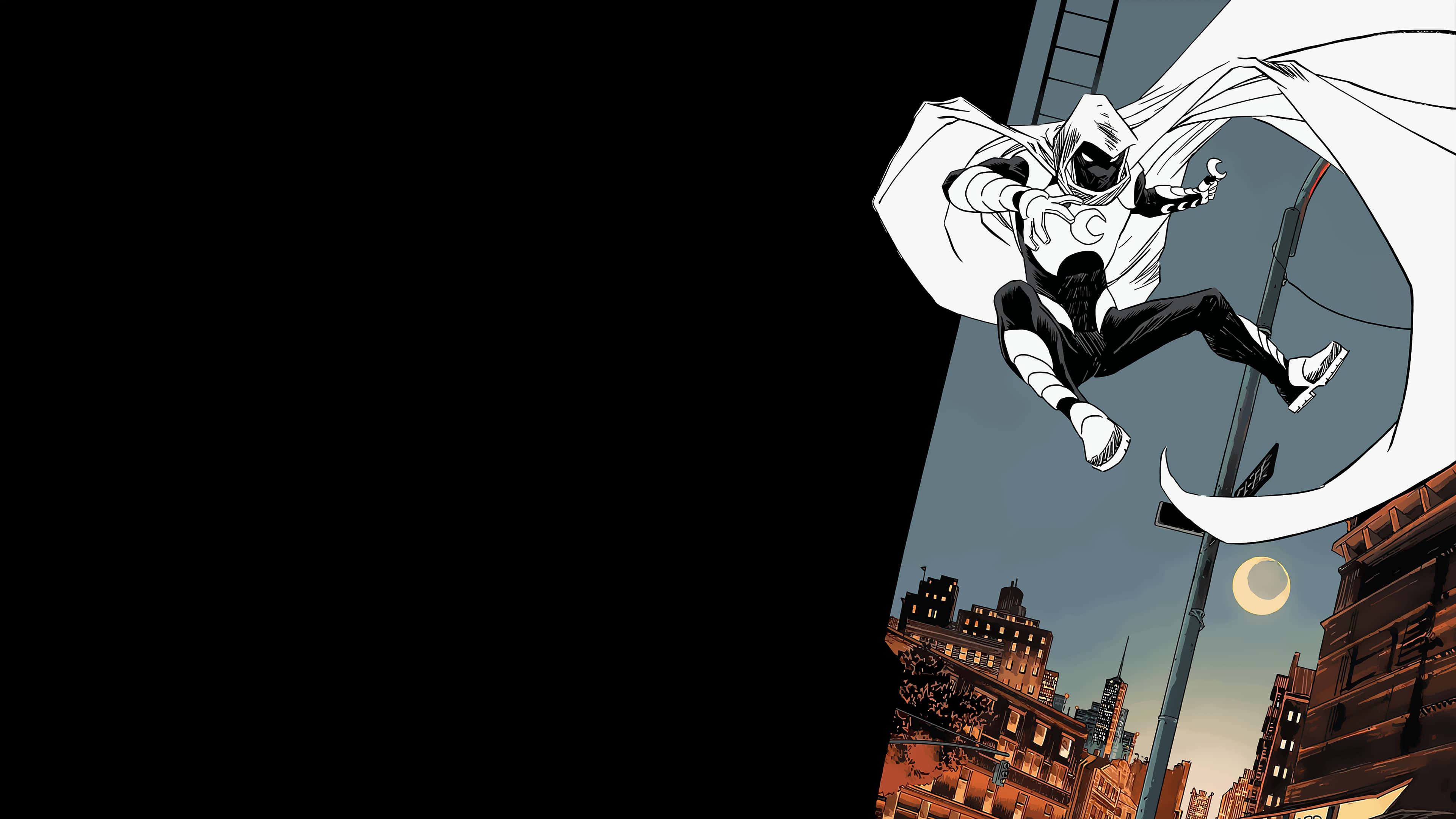 Moon Knight, white-caped superhero, cityscape, 4K Desktop Wallpaper