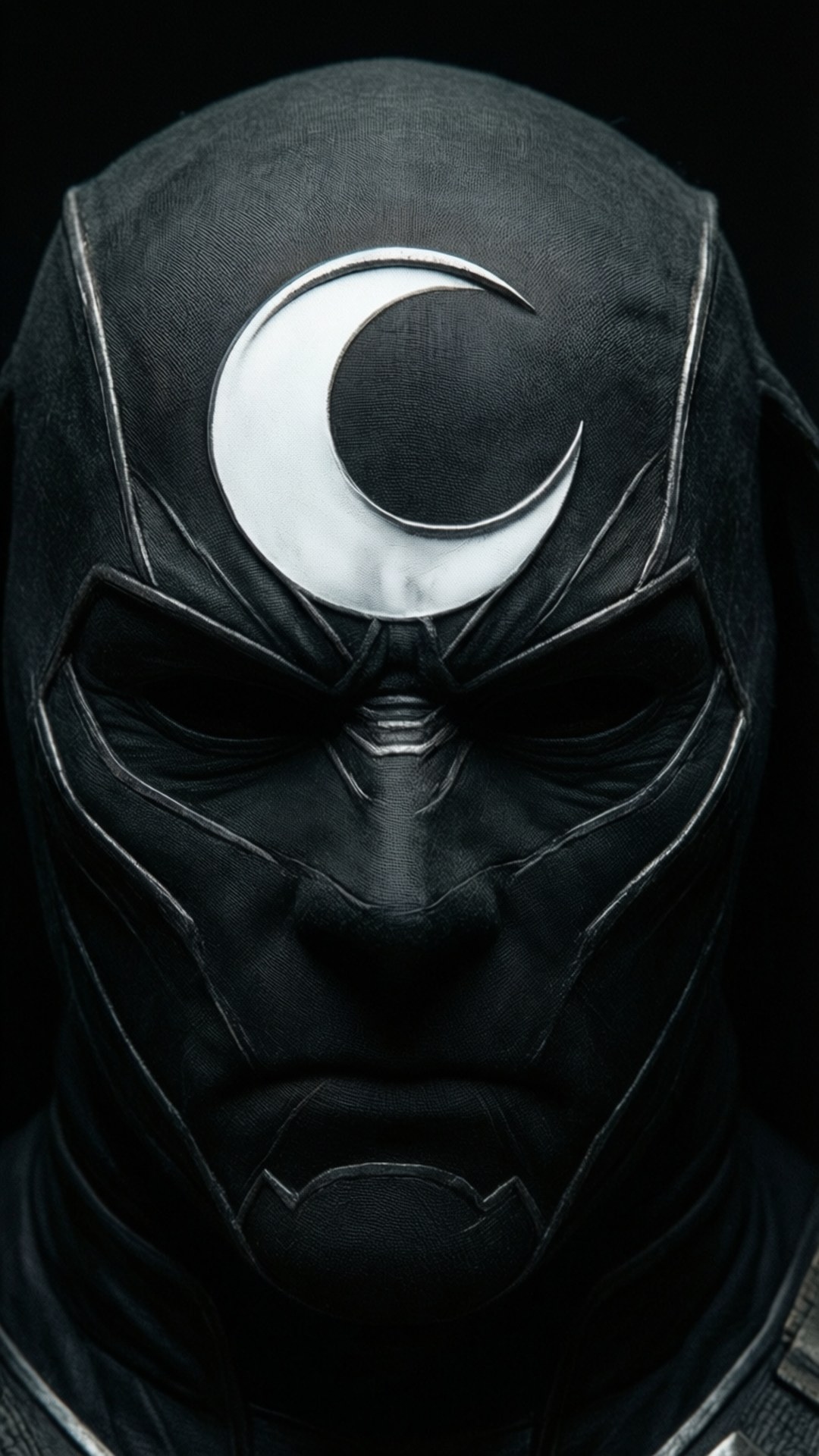 crescent moon emblem, black fabric mask, masked figure, Full HD Phone Wallpaper