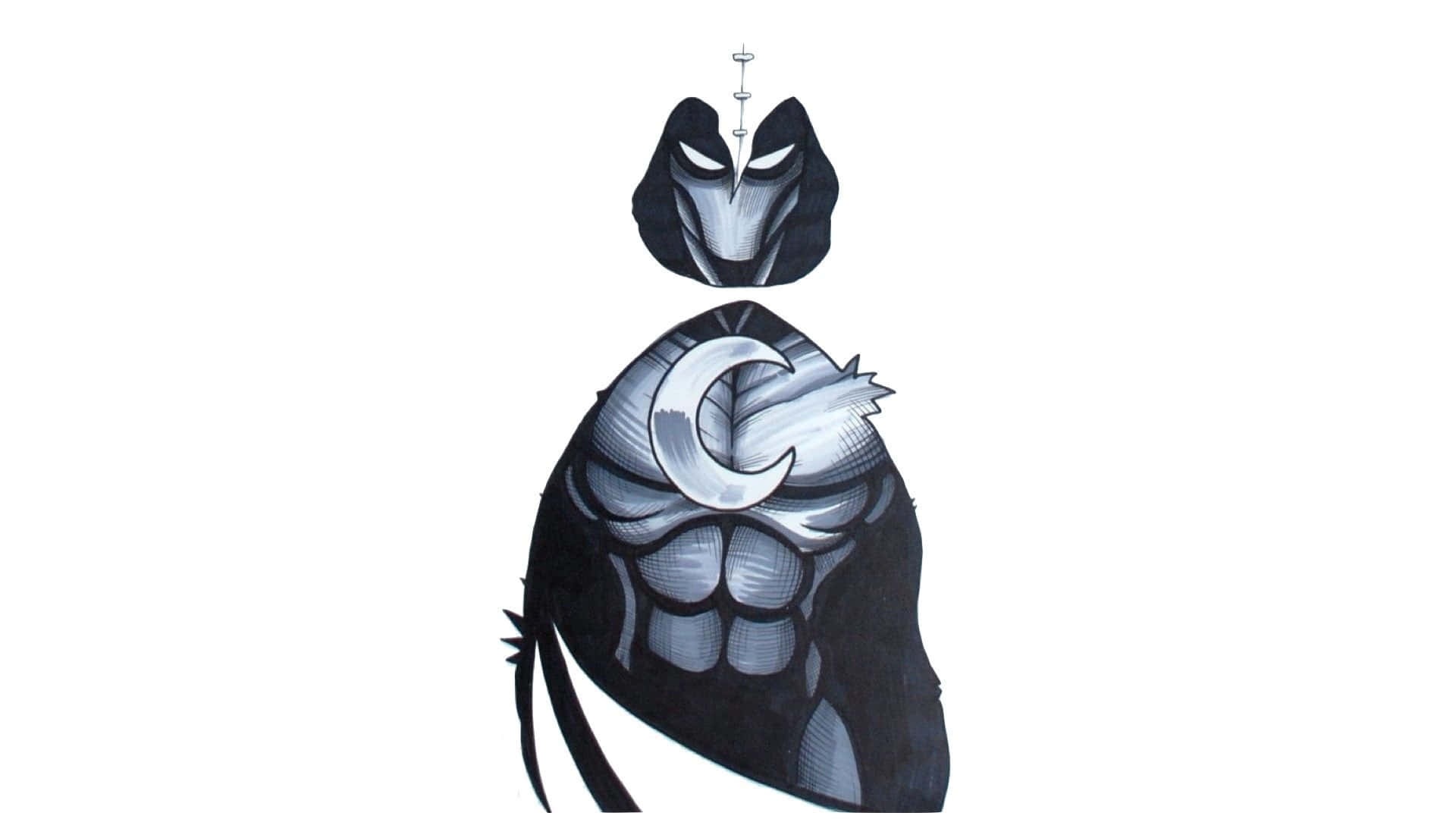 Minimalist Moon Knight, crescent moon emblem, black and silver armored figure, Full HD Desktop Wallpaper