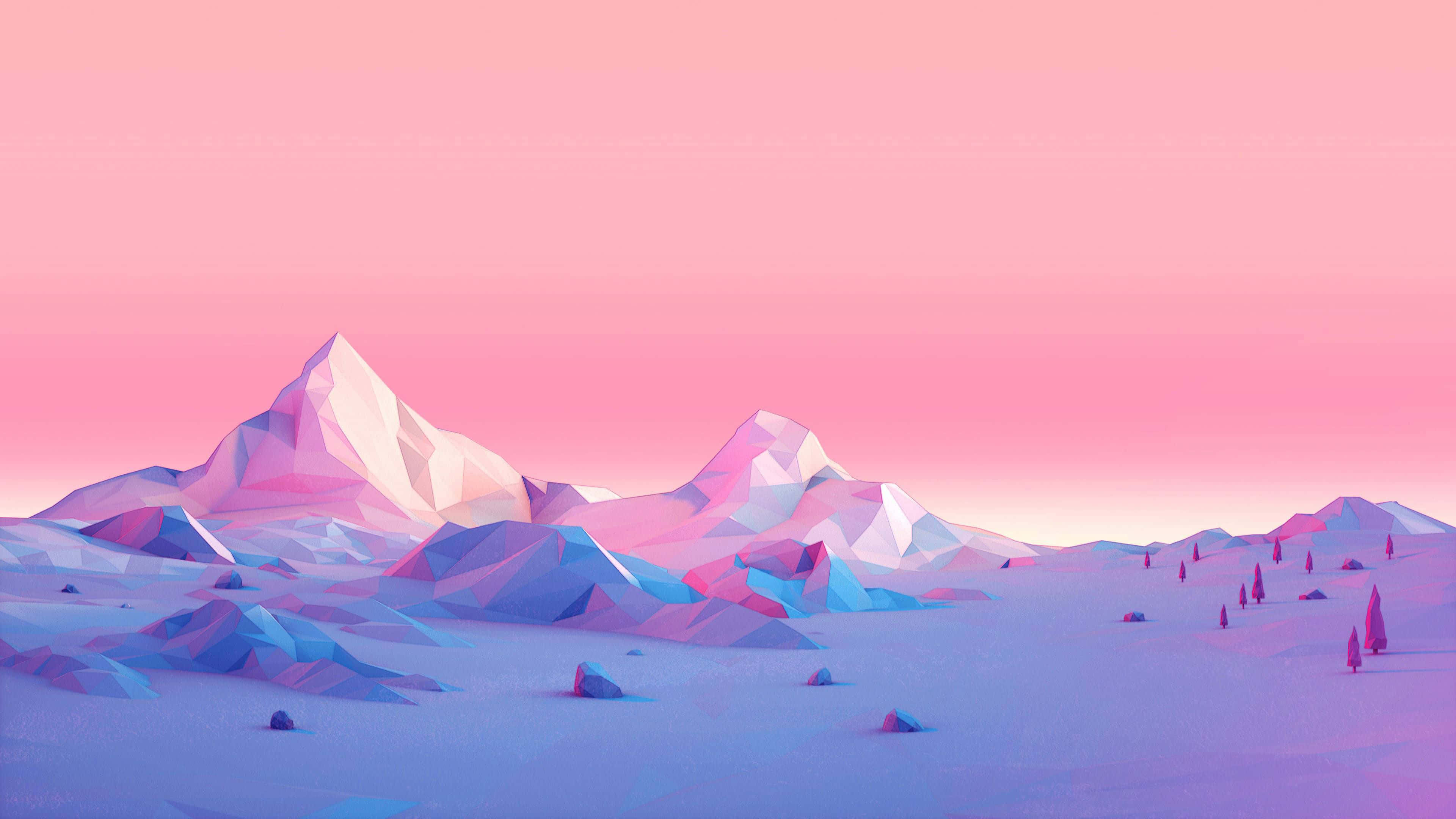 minimalist mountain, sunrise, pink, 4K Desktop Wallpaper