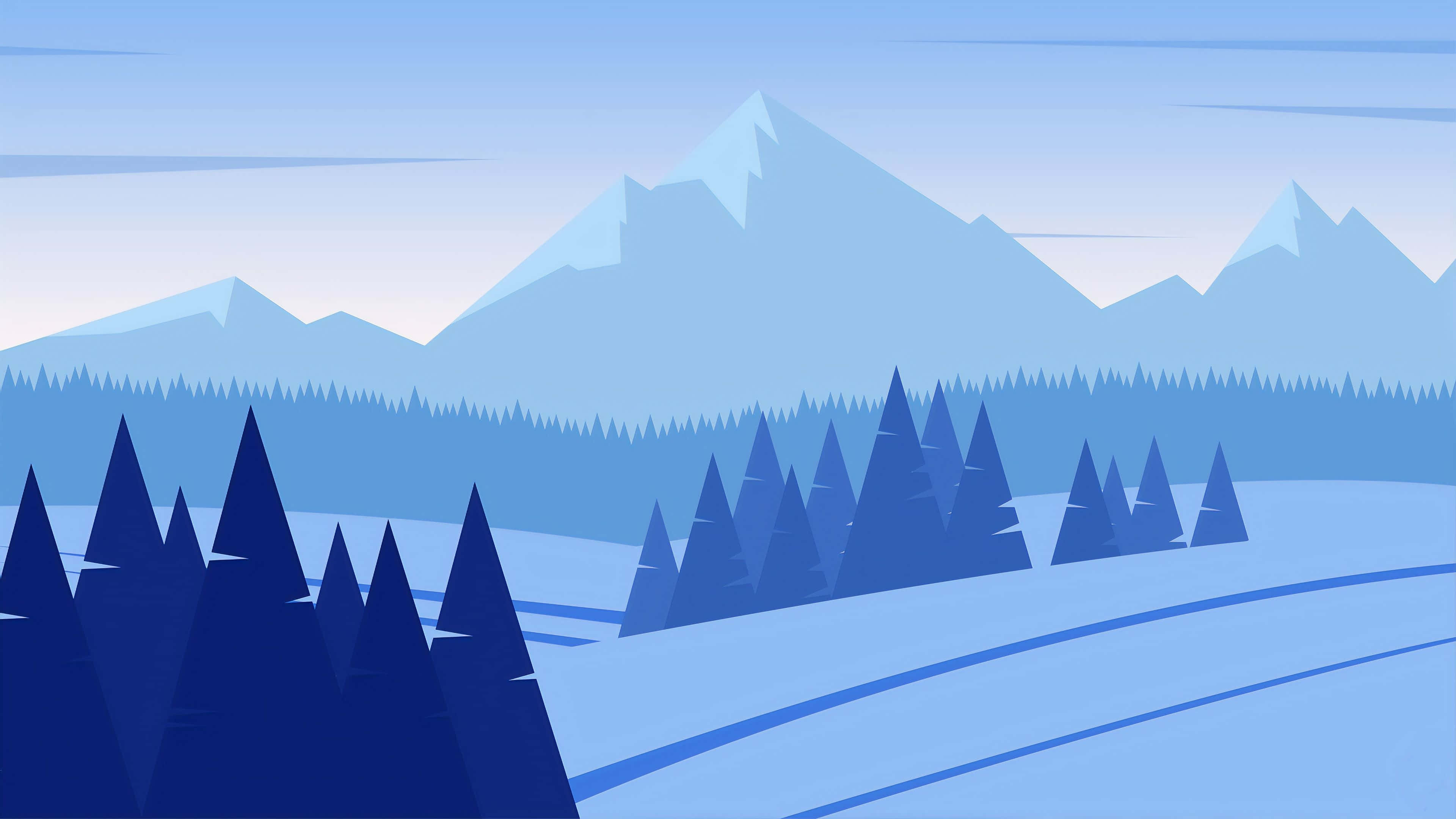 winter landscape, snow-covered mountains, evergreen trees, 4K Desktop Wallpaper