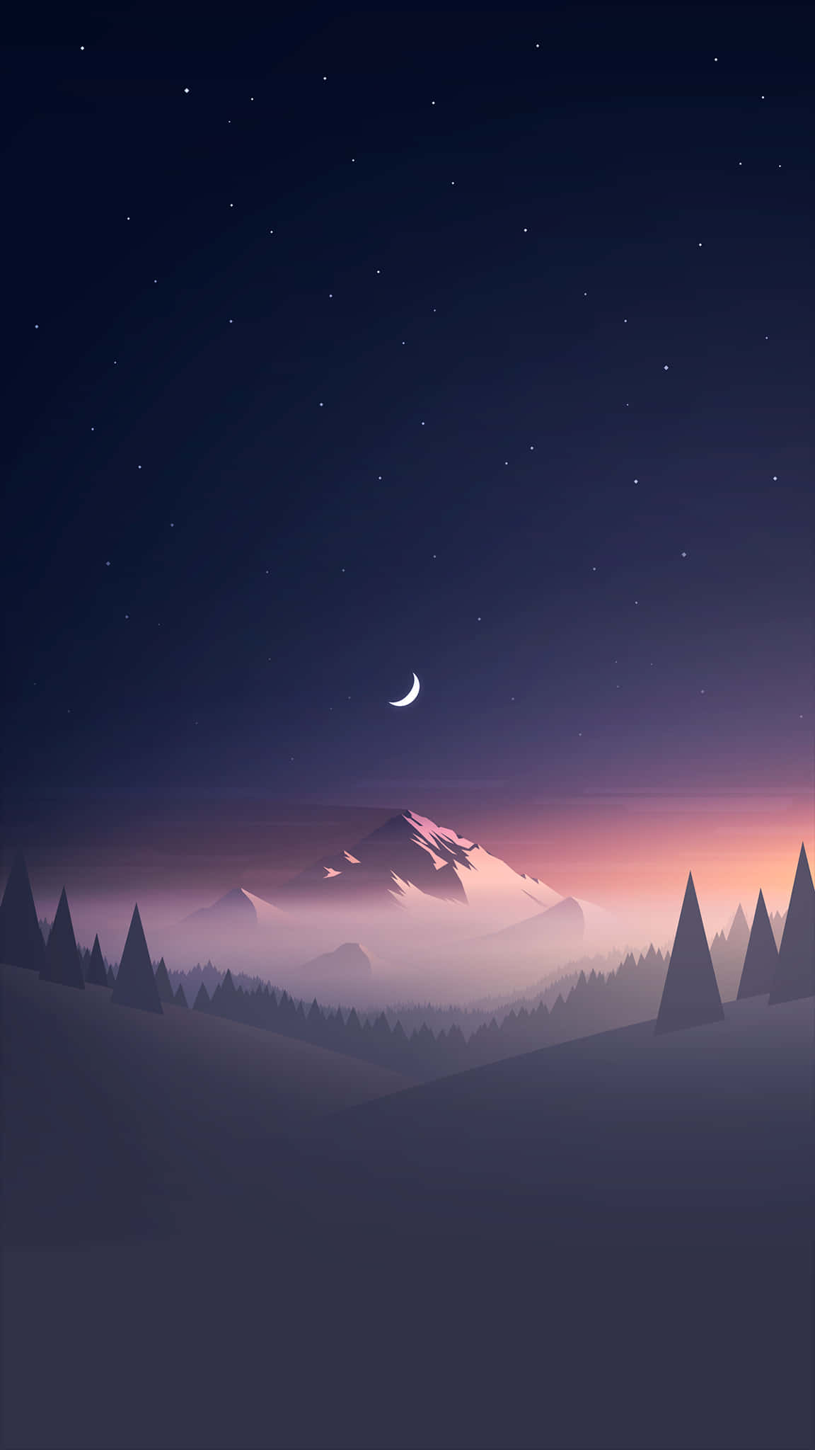 Minimalist Mountain, crescent moon, starry sky, Full HD Phone Wallpaper