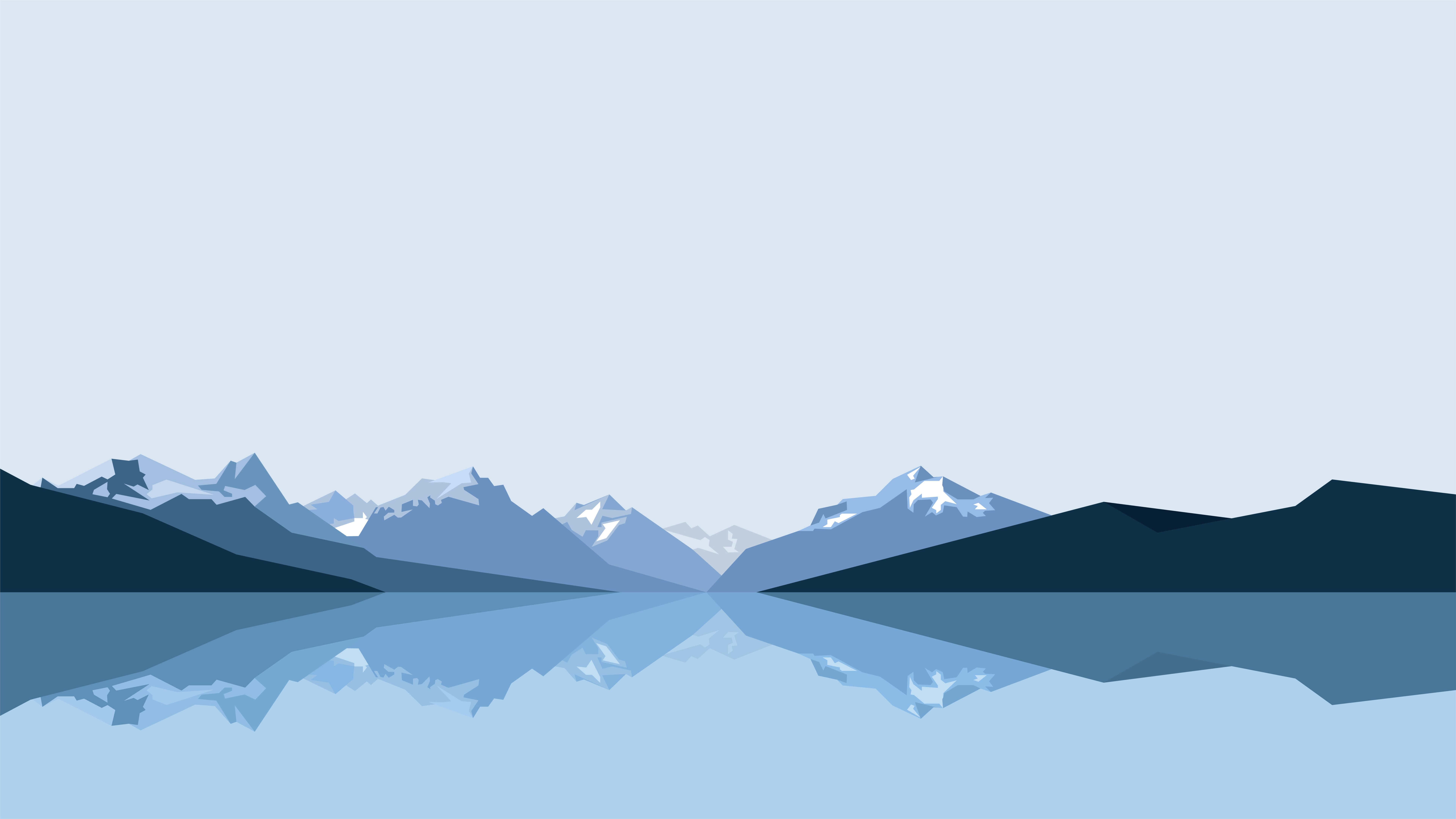 minimalist mountain, snow-capped peaks, calm blue water, 8K Desktop Wallpaper