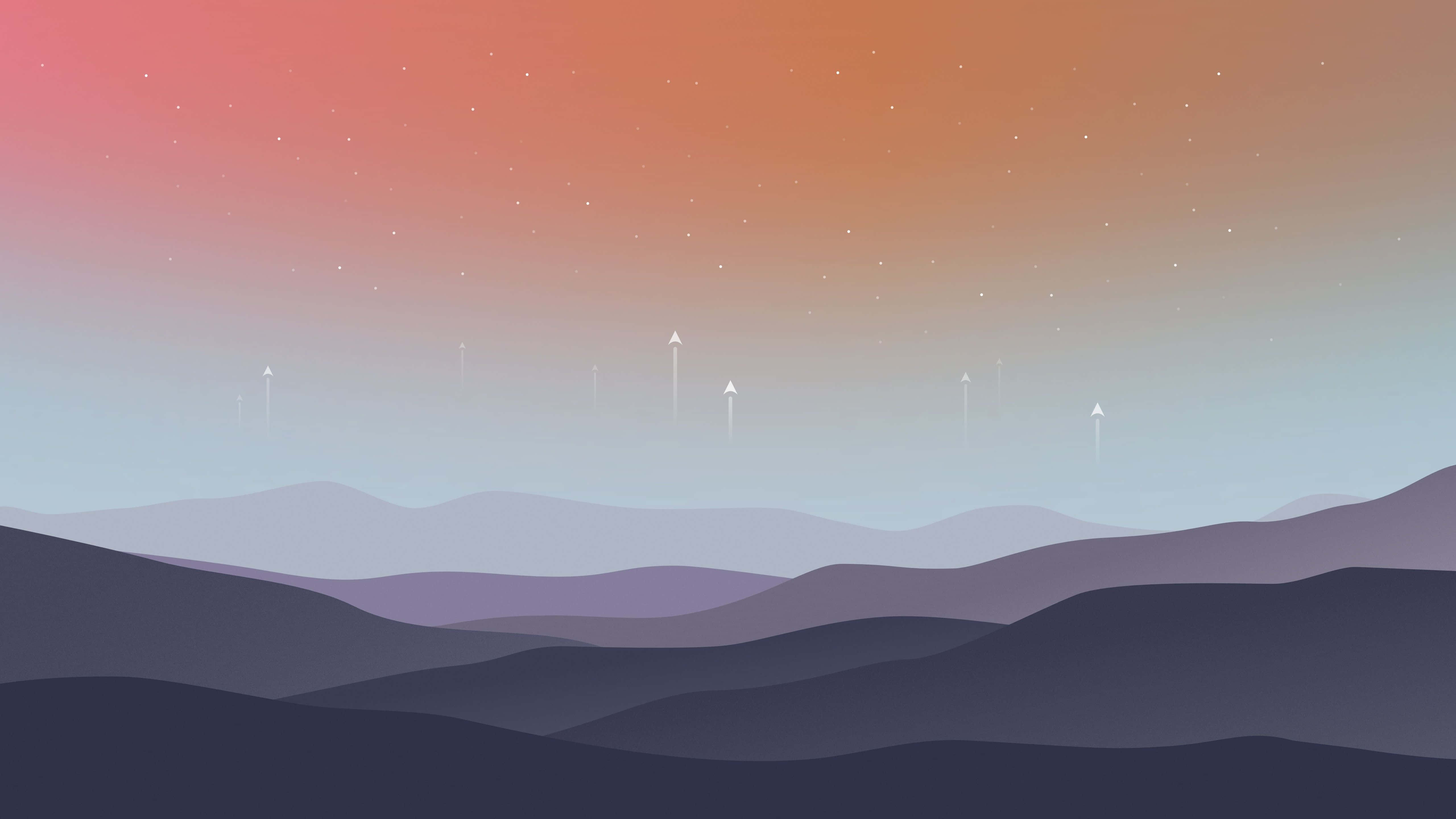 Minimalist Mountain, layered mountain silhouettes, gradient sky, 5K Desktop Wallpaper