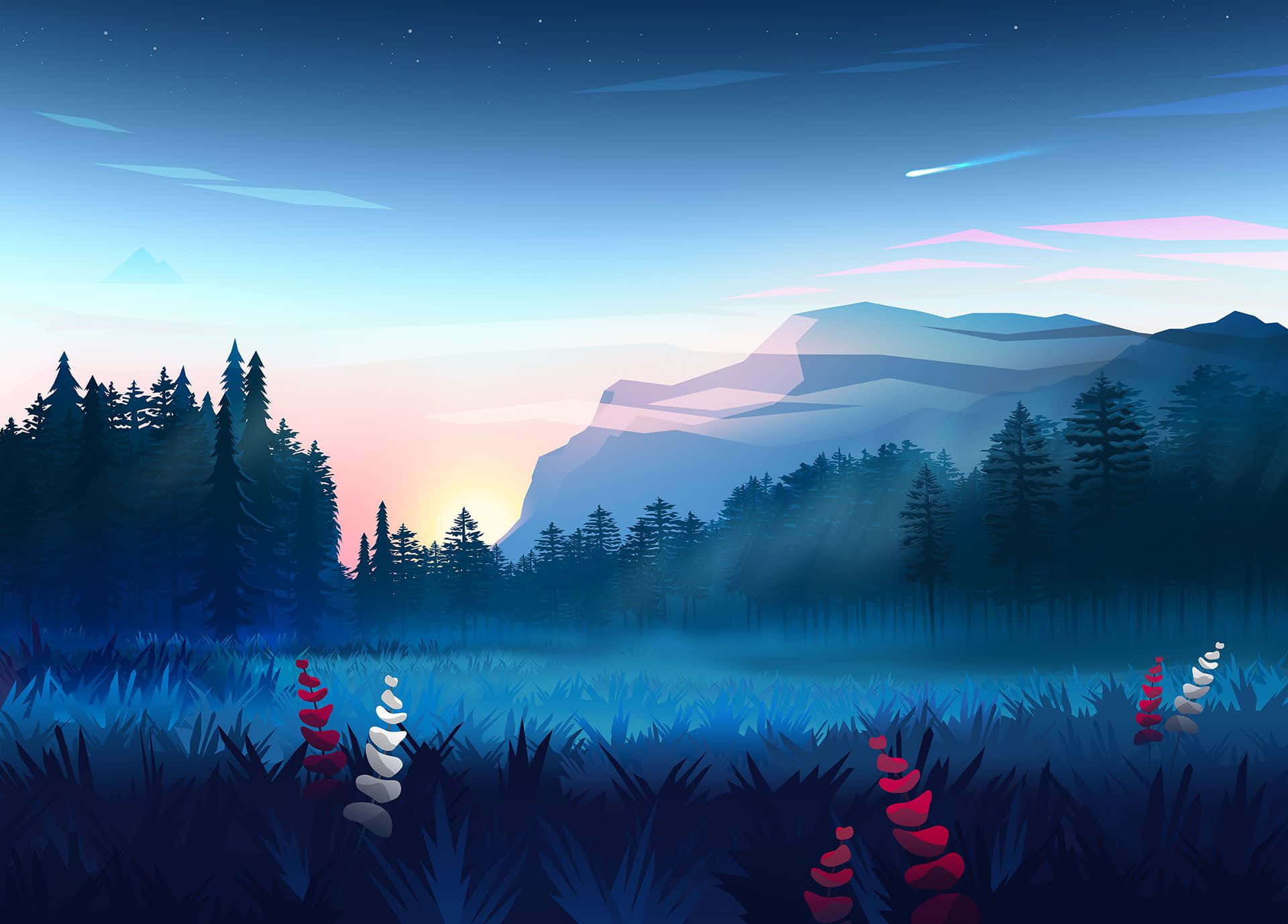Minimalist Mountain, twilight landscape, misty mountains, Full HD Desktop Wallpaper