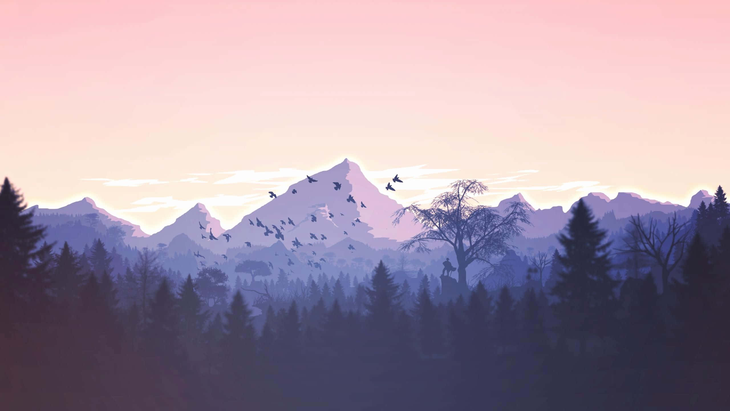 minimalist mountain, silhouetted forest, snowcapped mountains, 2K Desktop Wallpaper