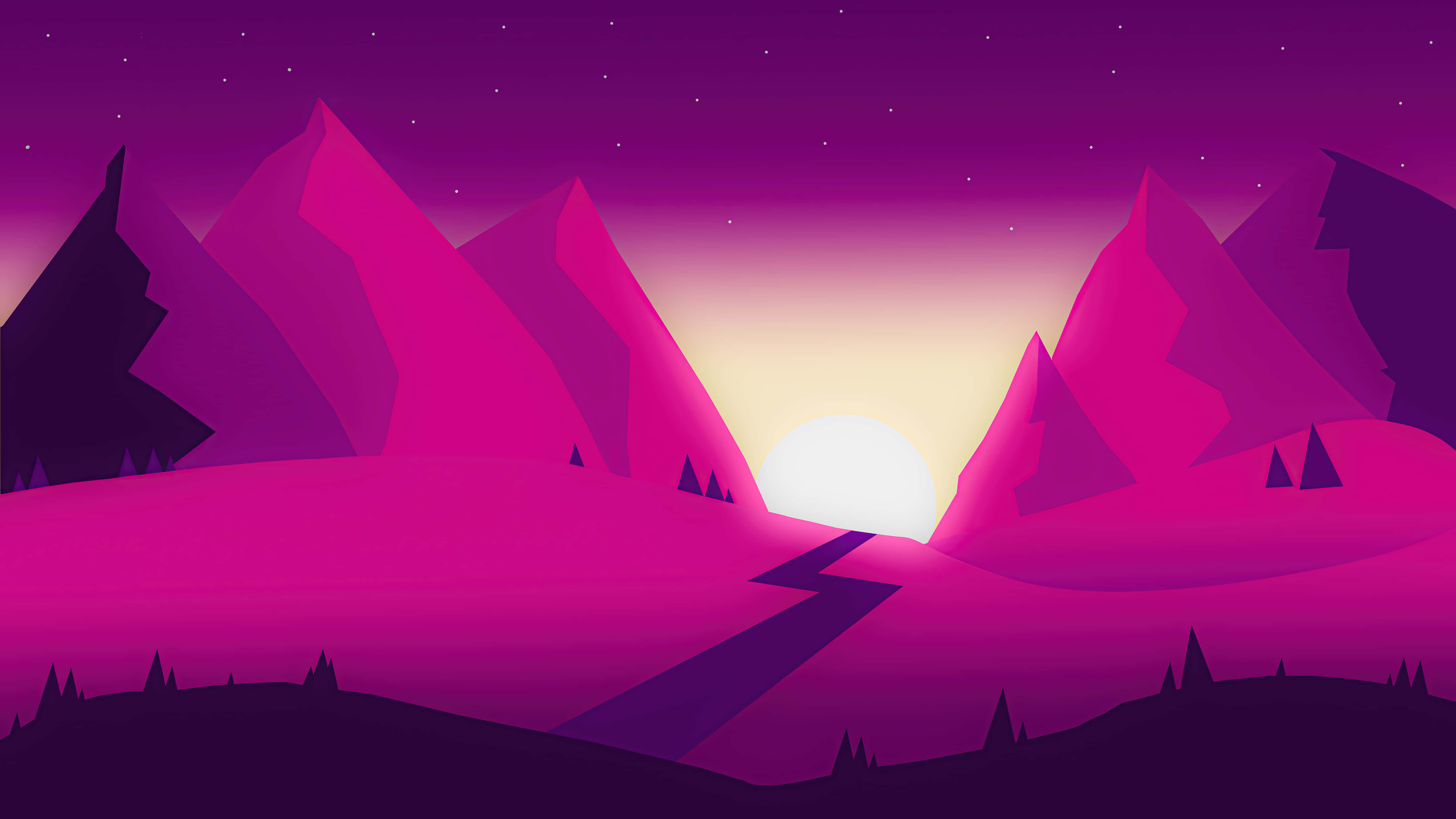 purple mountain landscape, twilight, glowing sun, 5K Desktop Wallpaper