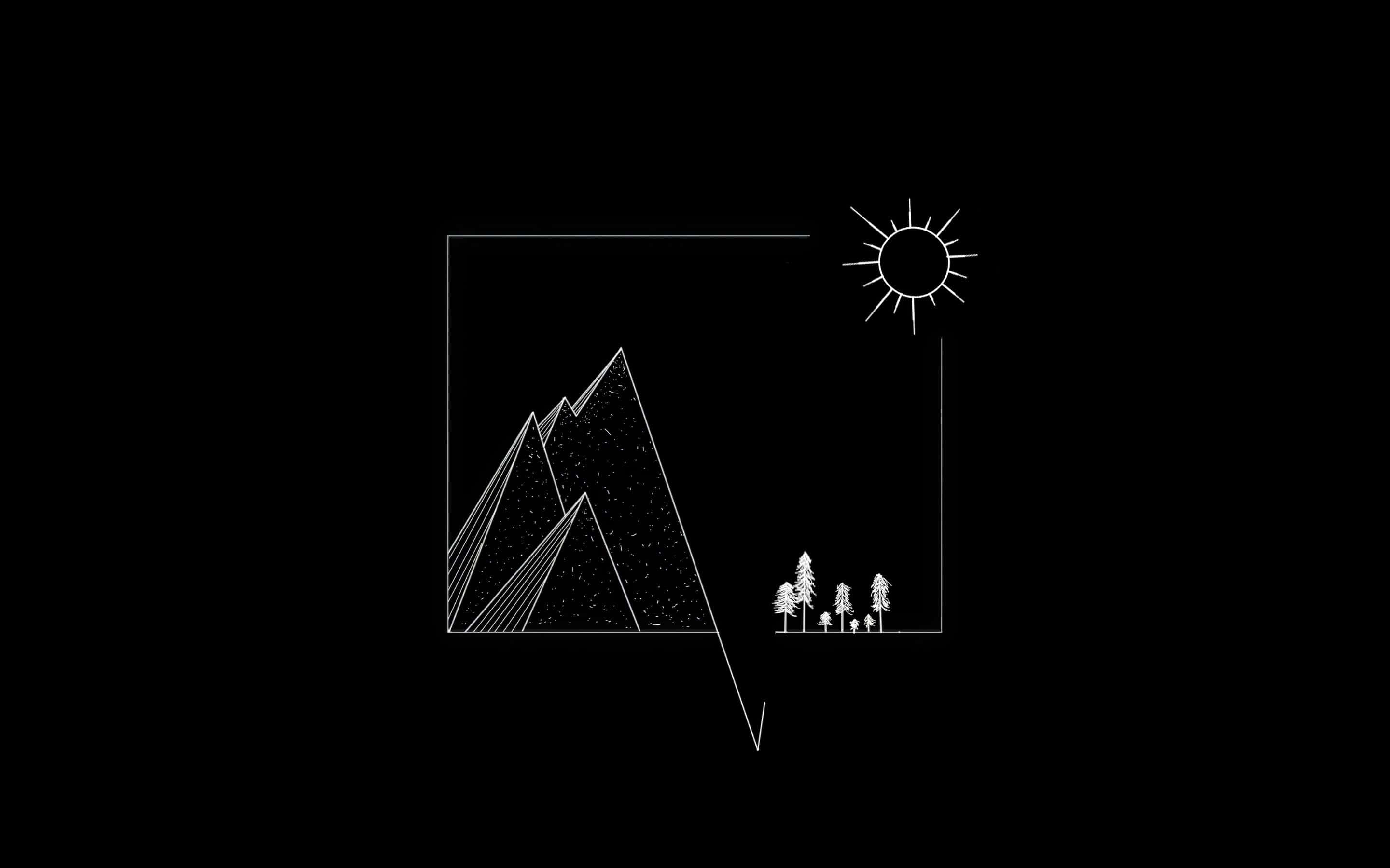 Minimalist Mountain, sunrise, white line drawing, 2K Desktop Wallpaper