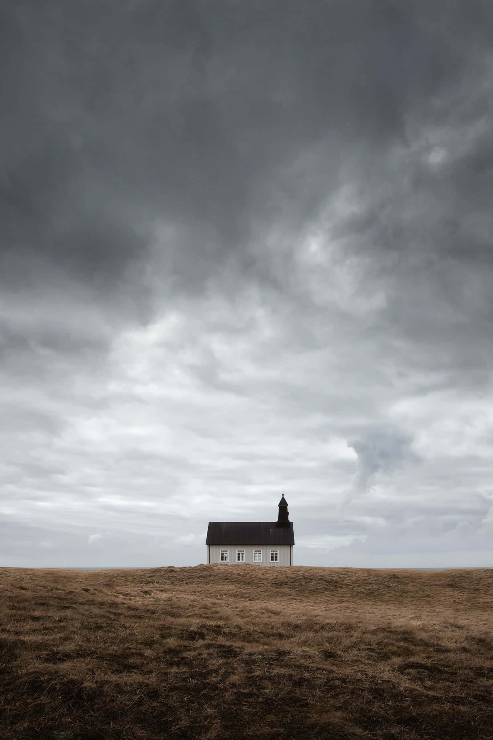white church, dark roof, vast brown grassy plain, Full HD Phone Wallpaper