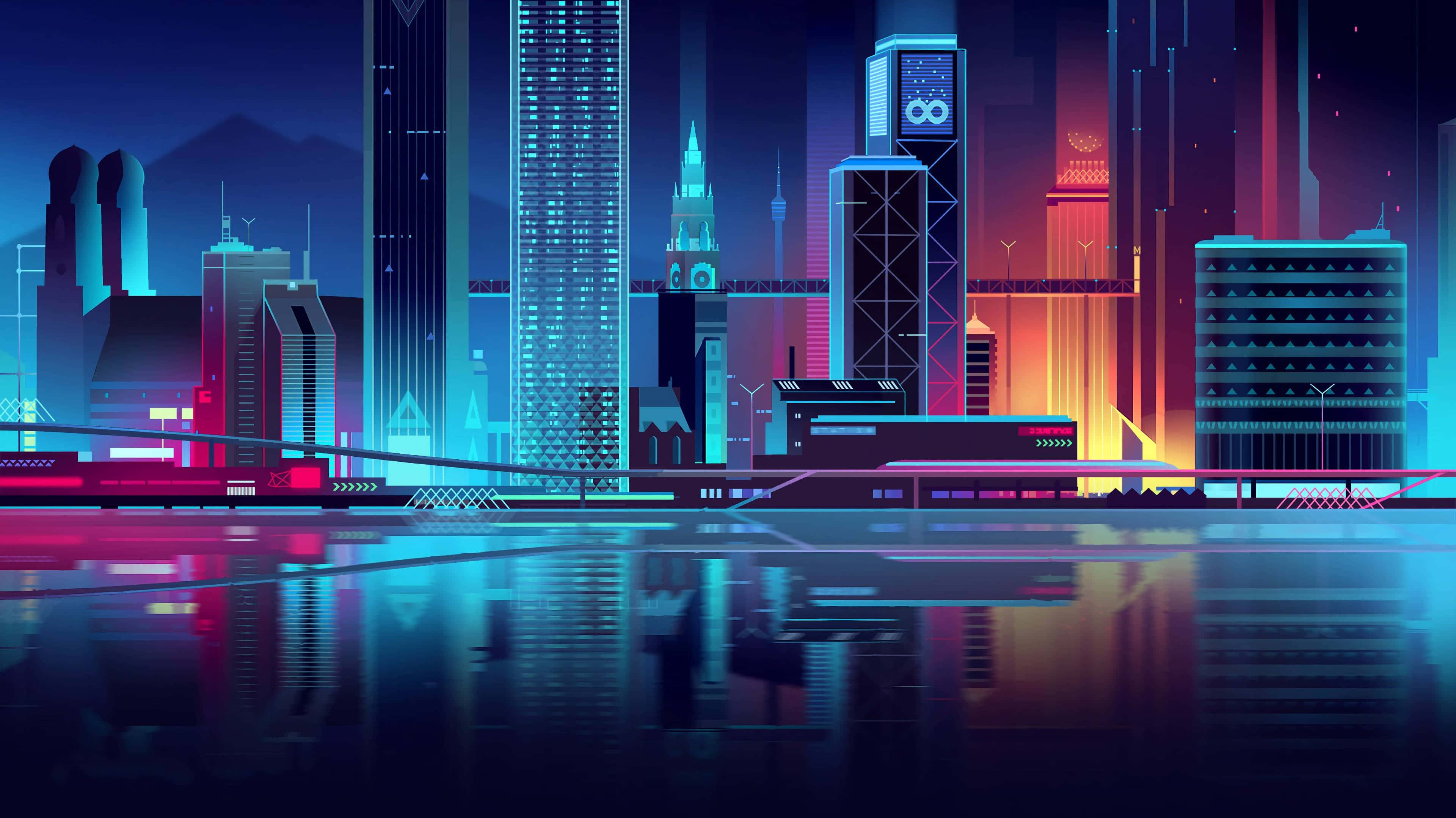 futuristic cityscape, neon-lit, towering skyscrapers, 4K Desktop Wallpaper
