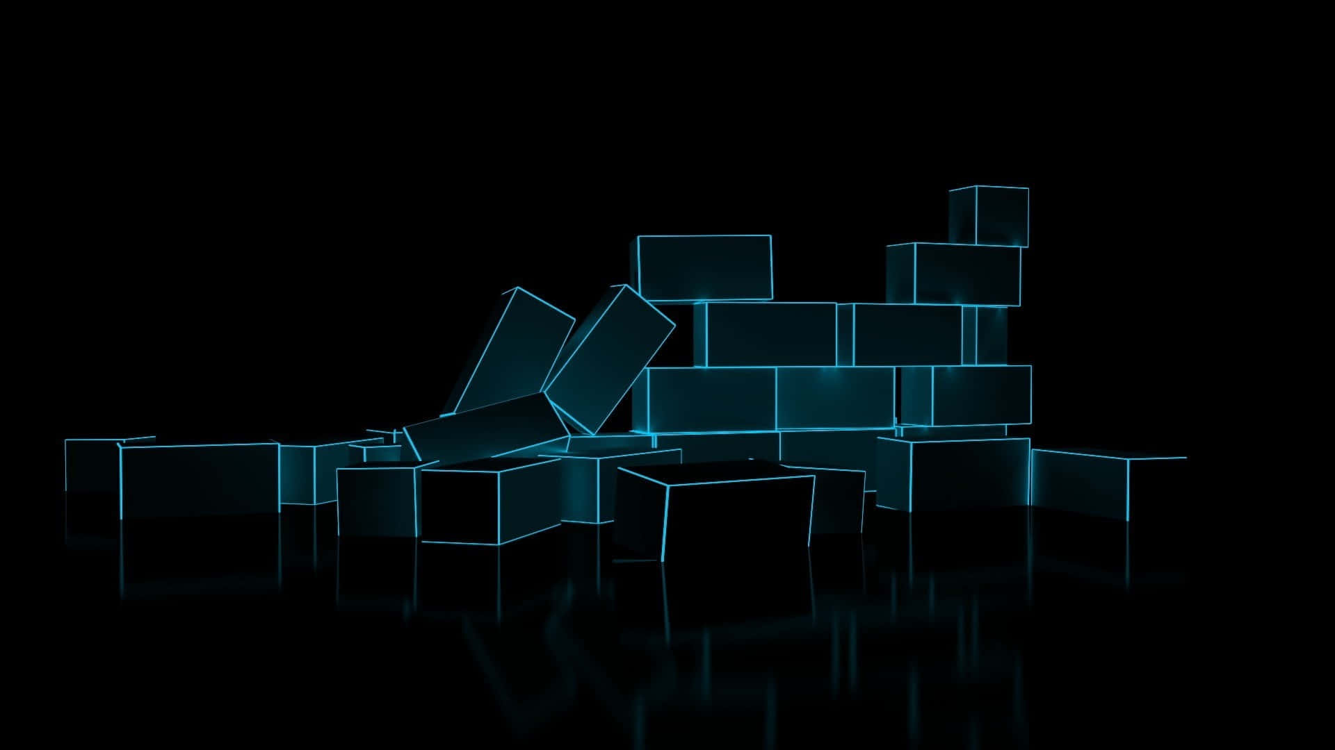glowing blue neon cubes, reflective black surface, dark void, Full HD Desktop Wallpaper
