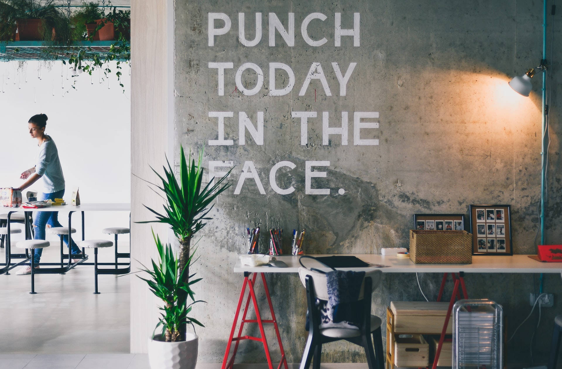 modern minimalistic office space, warm light, concrete wall, Full HD Desktop Wallpaper