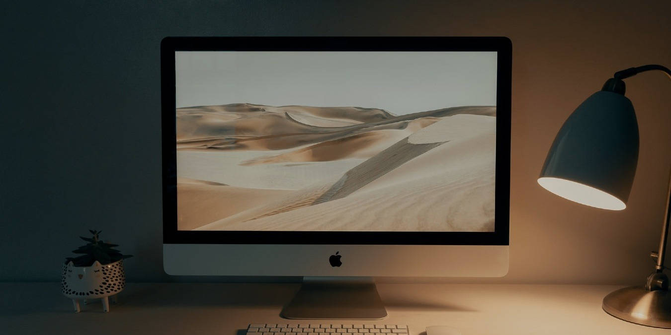 iMac, desert landscape, warm desk lamp, HD Desktop Wallpaper