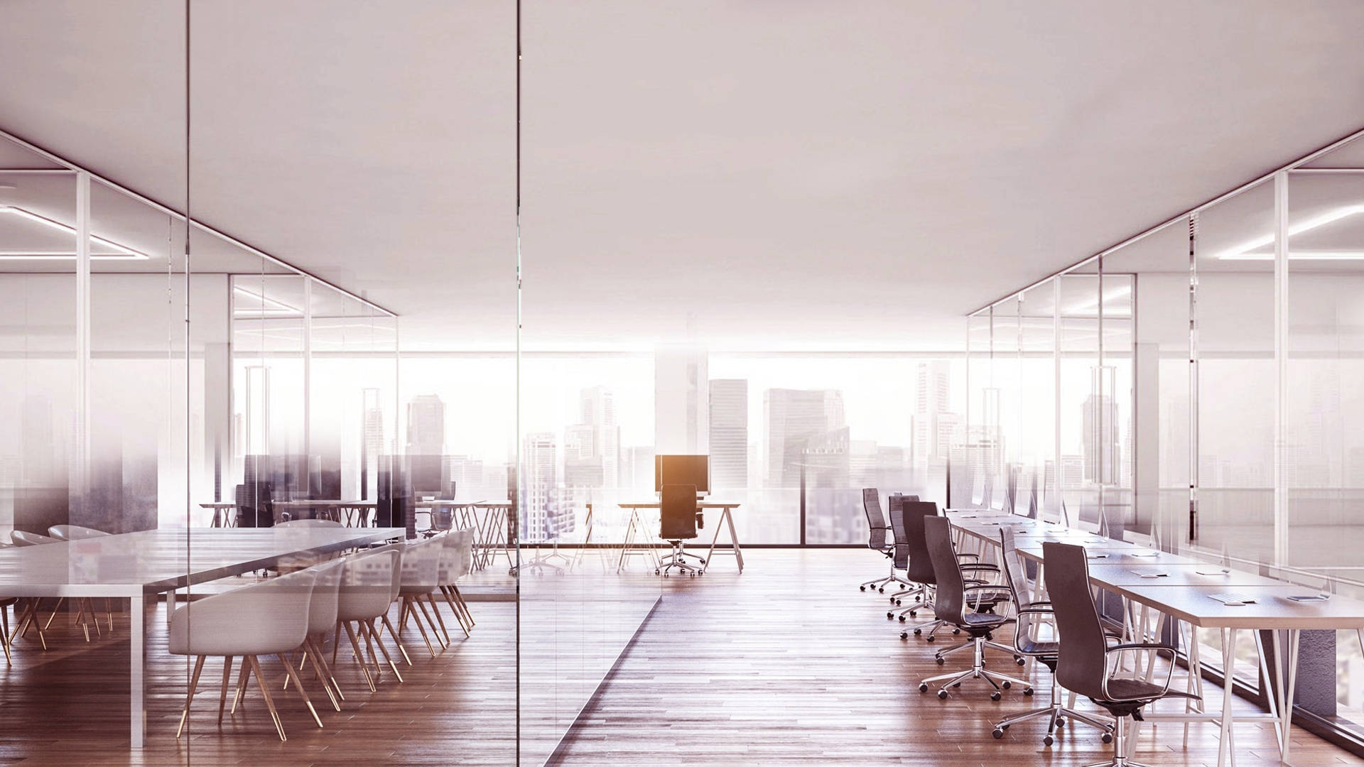 minimalist office design, glass-walled office, long tables, Full HD Desktop Wallpaper