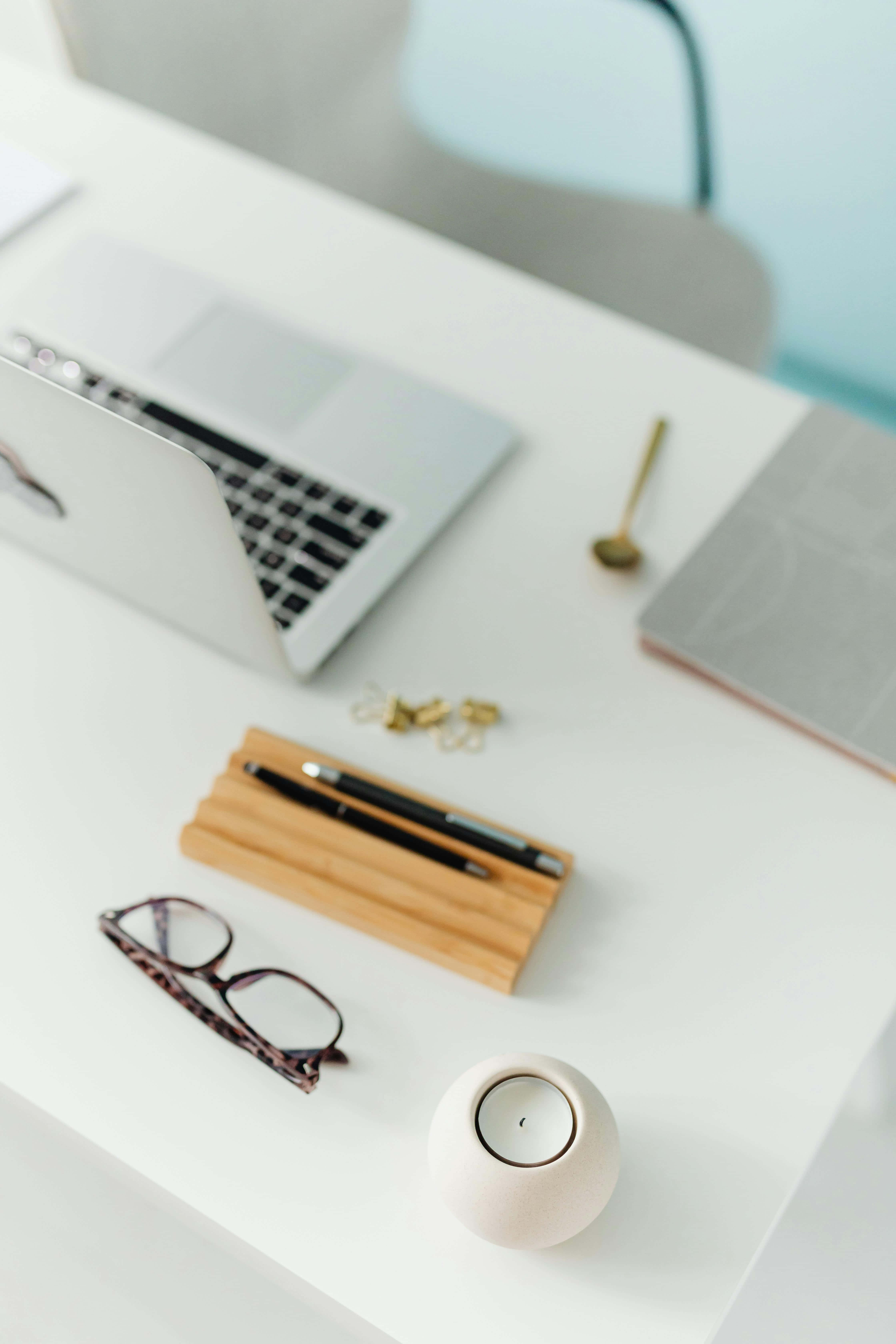 Minimalist Office, white desk, laptop, 5K Phone Wallpaper