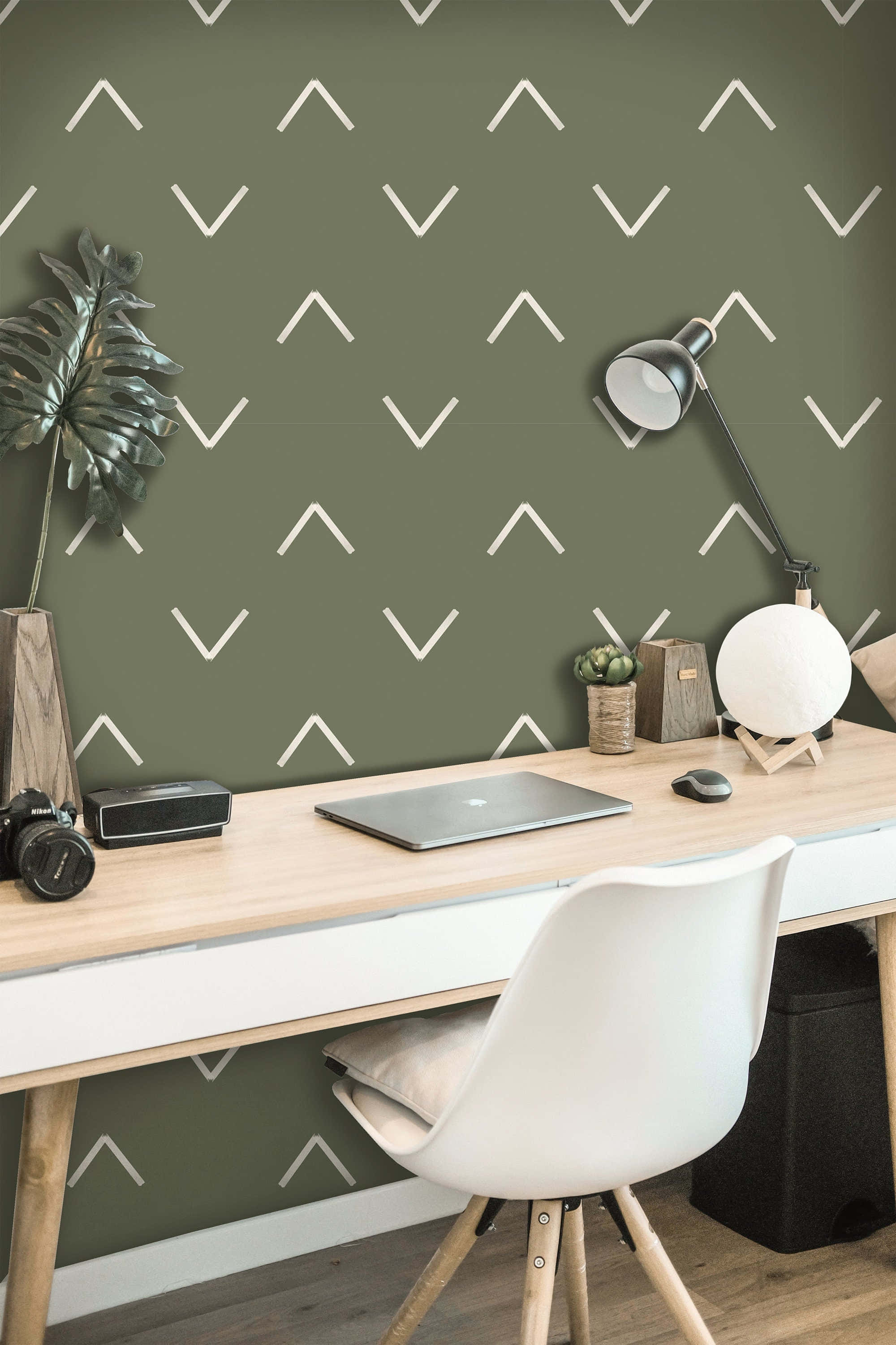 dark green wall, white chevron pattern wallpaper, modern desk setup, 2K Phone Wallpaper