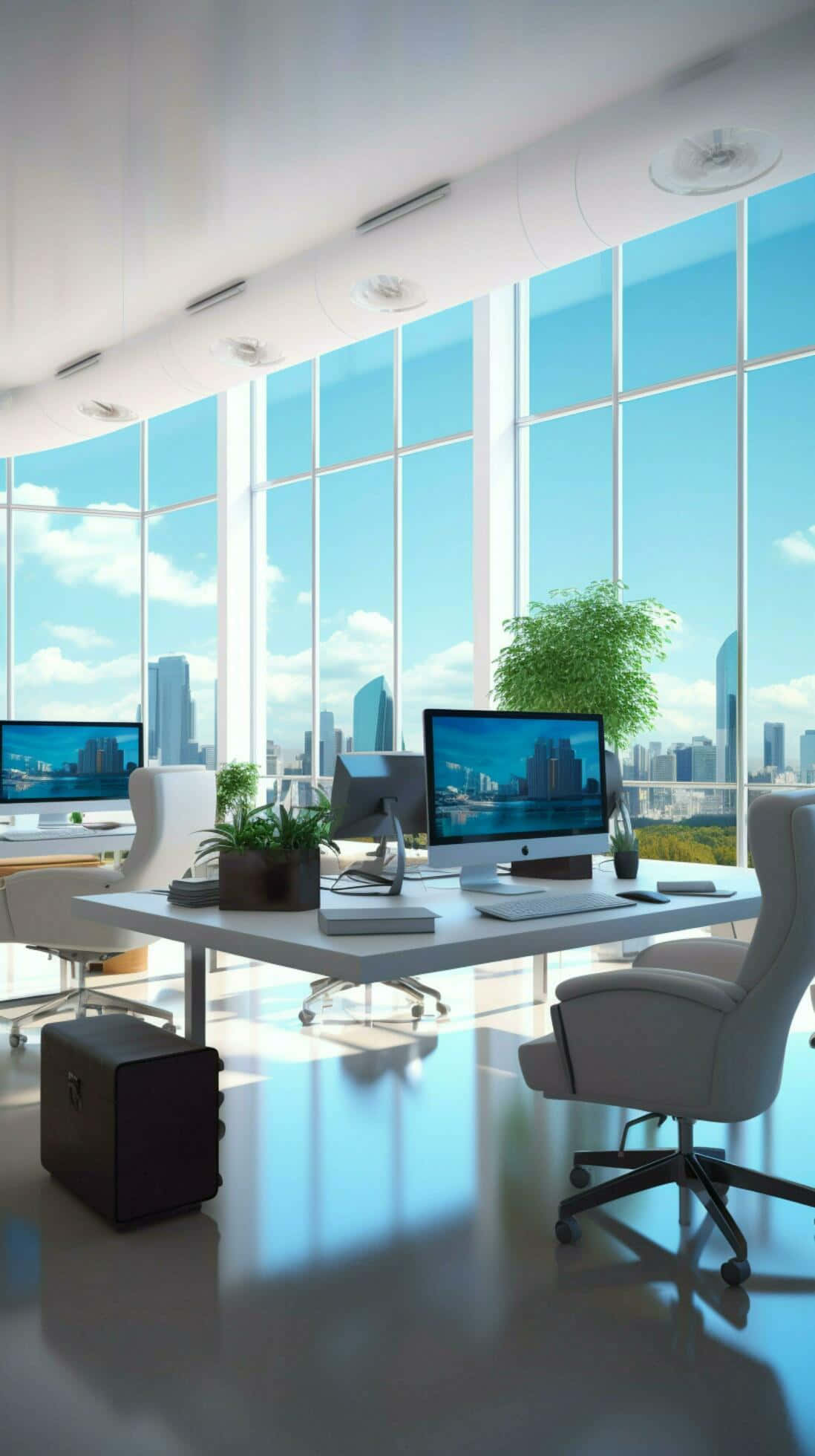 Modern minimalist office, white desks, white chairs, Full HD Phone Wallpaper