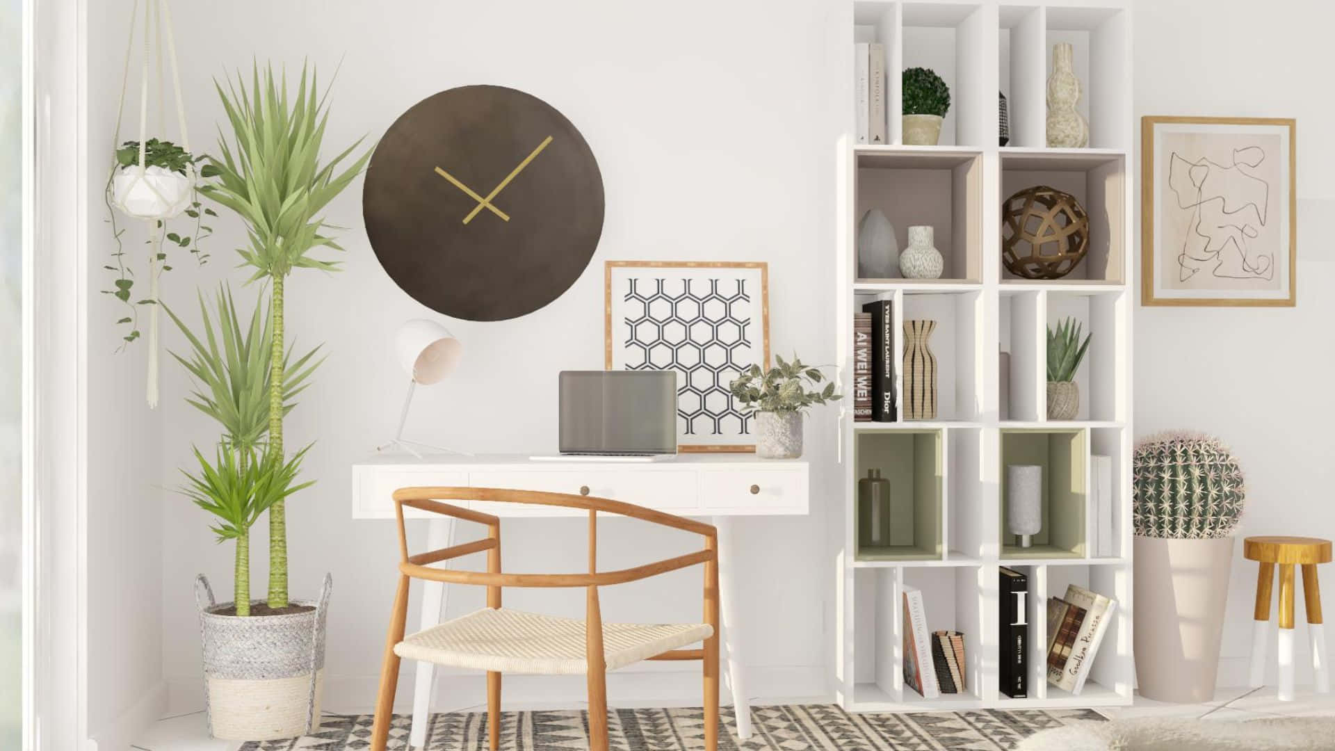 minimalist white office, wooden chair, desk, Full HD Desktop Wallpaper