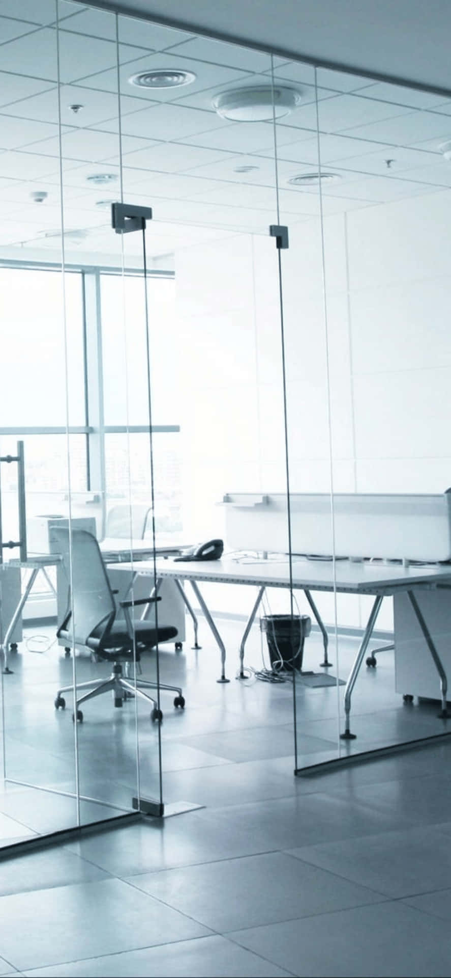minimalist office, glass walls, white desks, Full HD Phone Wallpaper
